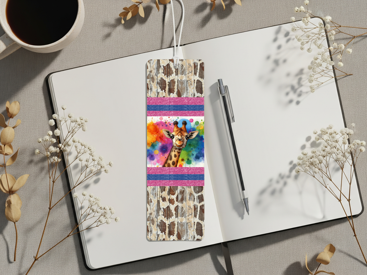 Giraffe metal bookmarks design with vibrant colors and playful giraffe artwork on a stylish notepad.
