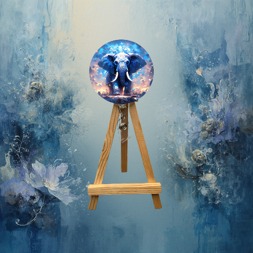 Elephant badge pulls with glitter displayed on a wooden easel, featuring a vibrant elephant design.