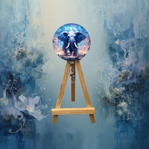 Elephant badge pulls with glitter displayed on a wooden easel, featuring a vibrant elephant design.