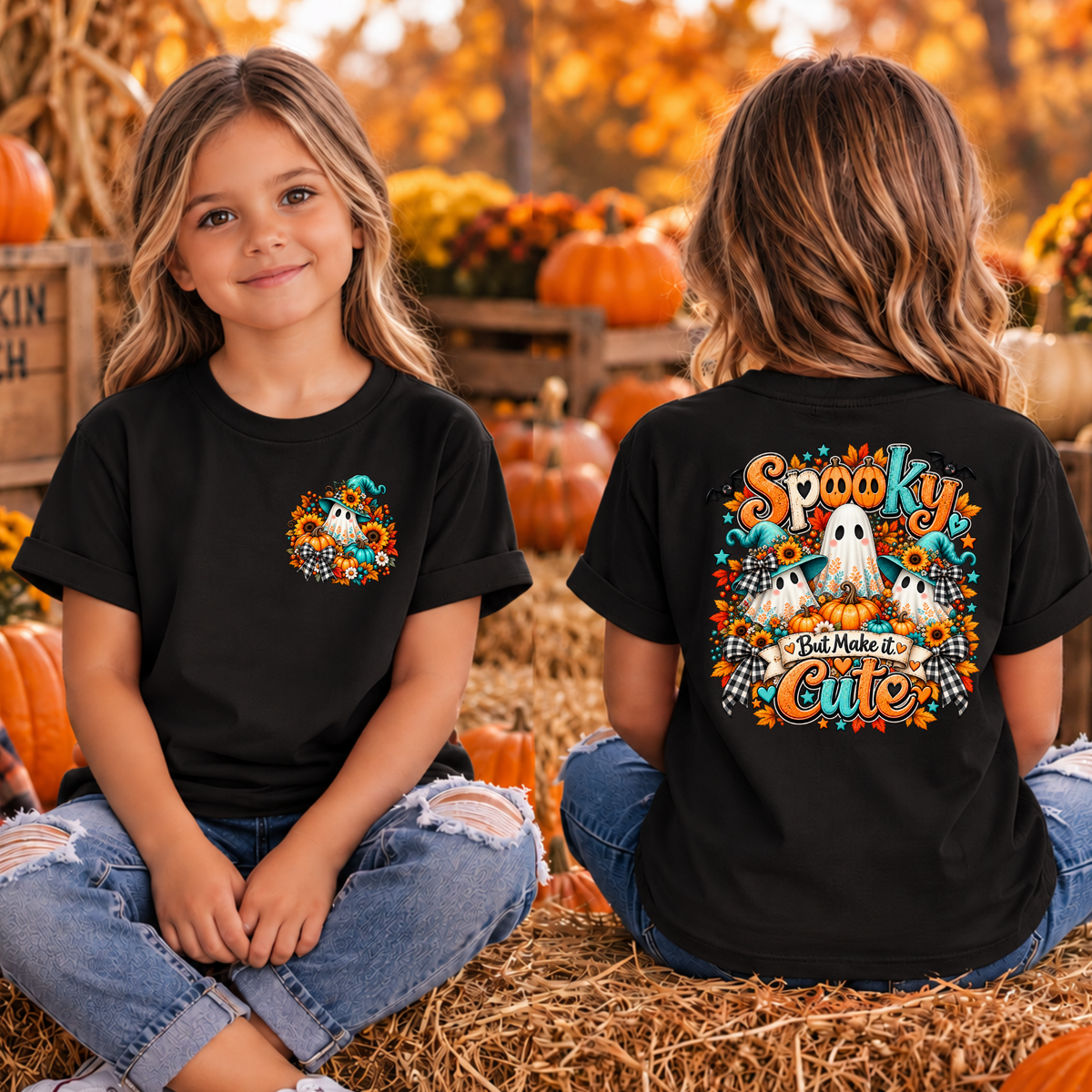 Kids Spooky But Make It Cute Pocket and Back Graphic TheCraftNook