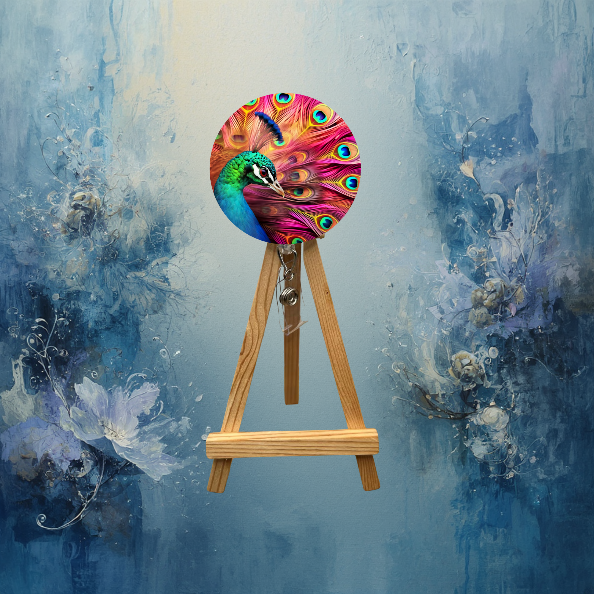 Peacock badge pulls with glitter displayed on a wooden easel, featuring vibrant colors and artistic design.
