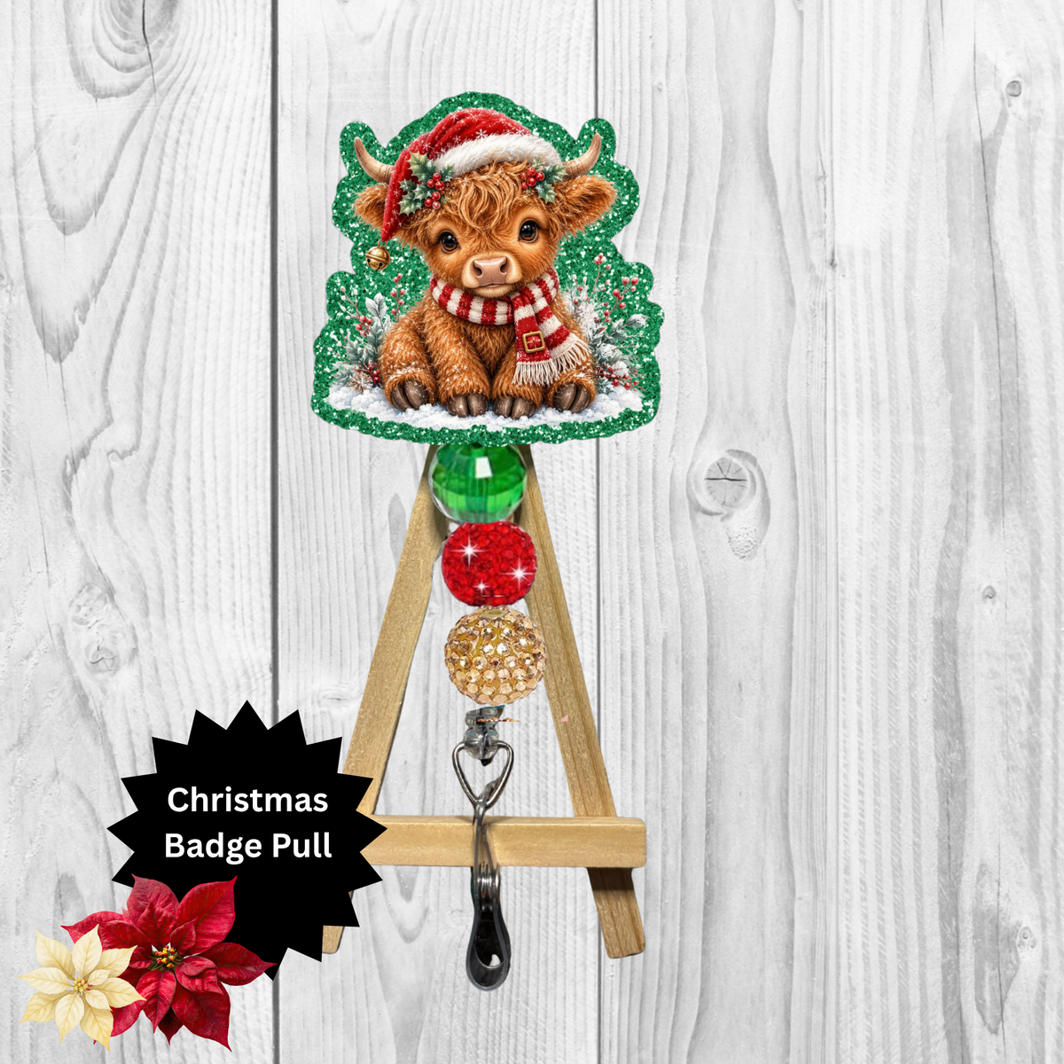 Christmas Cow Glitter Badge Pull | Badge Reel TheCraftNook