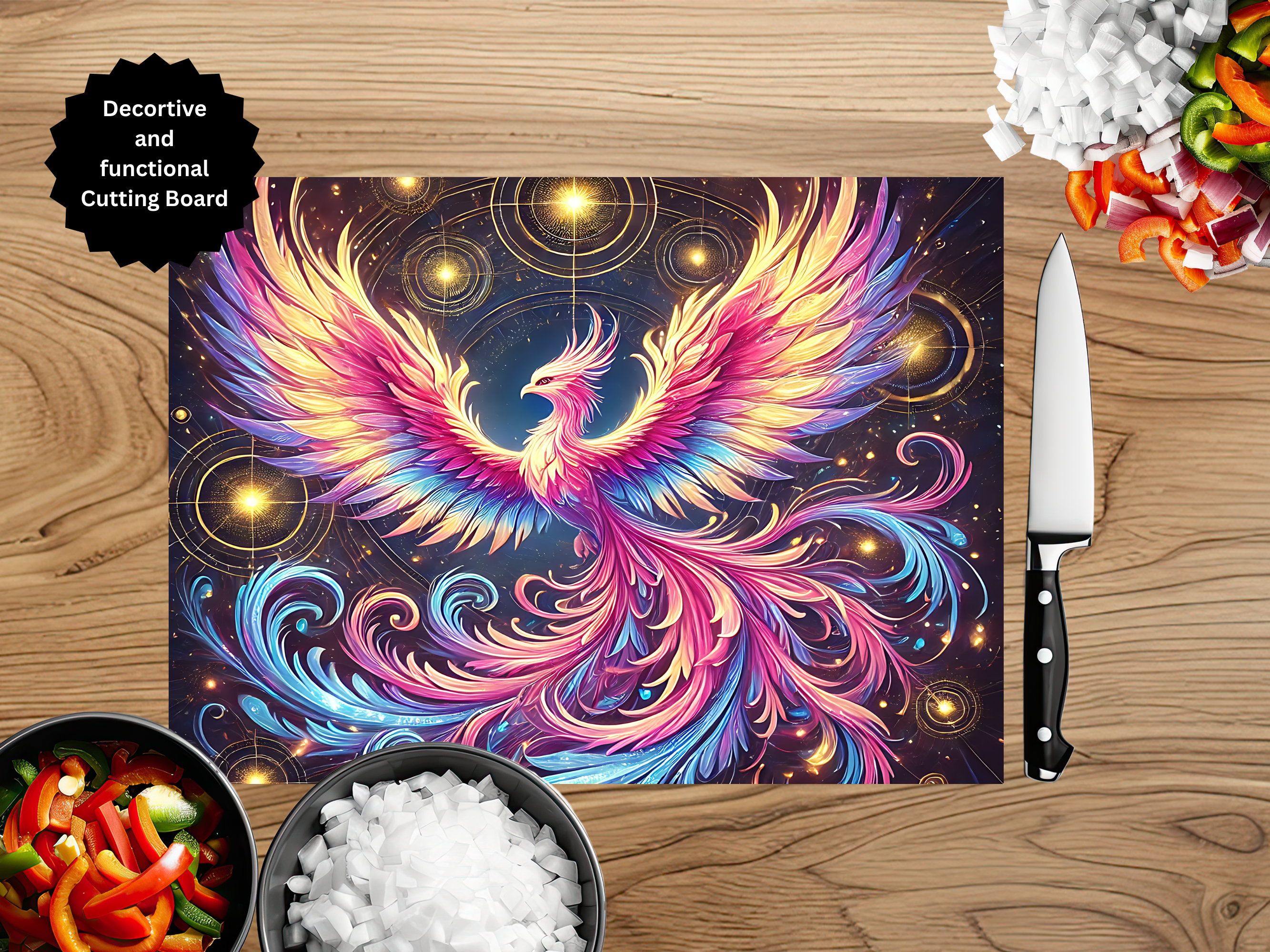 Colorful phoenix design cutting board on a wooden surface with a knife and ingredients.