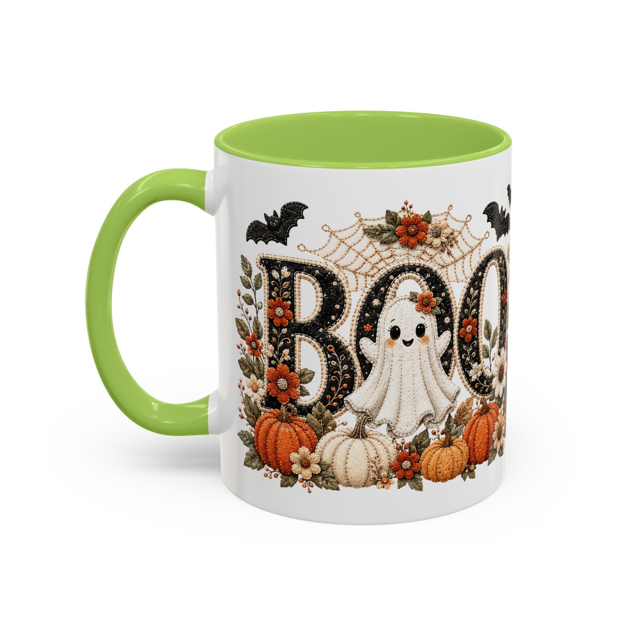 Cute Boo Coffee Mug — Cute Ghost, Pumpkins & Autumn Floral Accent Mug (11oz)