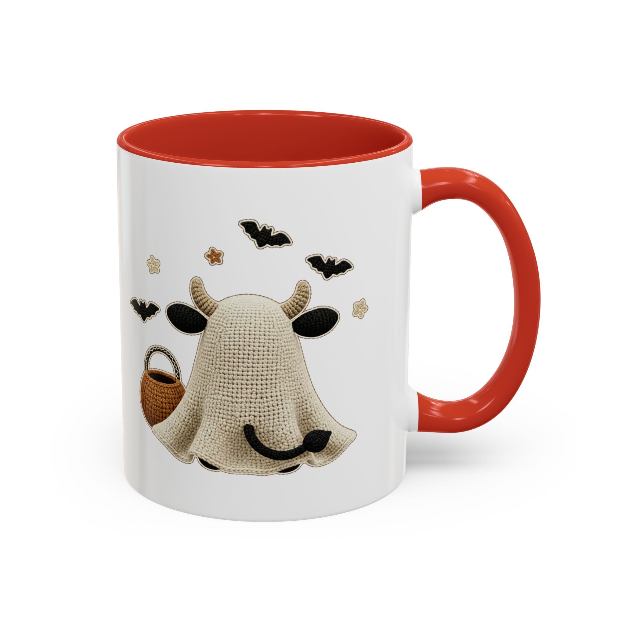 Bullsheet Faux Crochet Accent Coffee Mug — Cute Ghost Cow Trick-or-Treat Design (11oz)