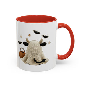Bullsheet Faux Crochet Accent Coffee Mug — Cute Ghost Cow Trick-or-Treat Design (11oz) Printify