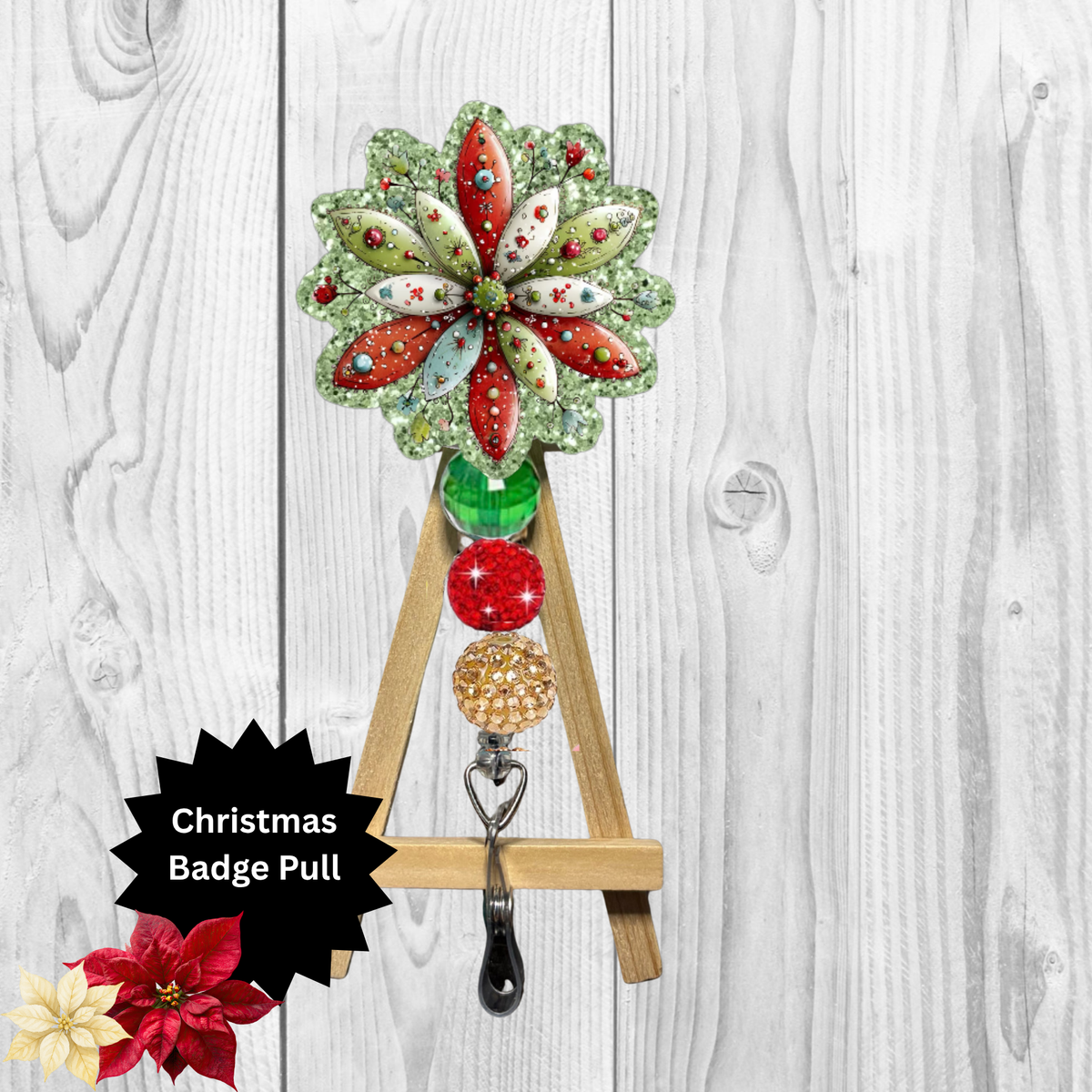 Christmas Flower Glitter Badge Pull | Badge Reel TheCraftNook