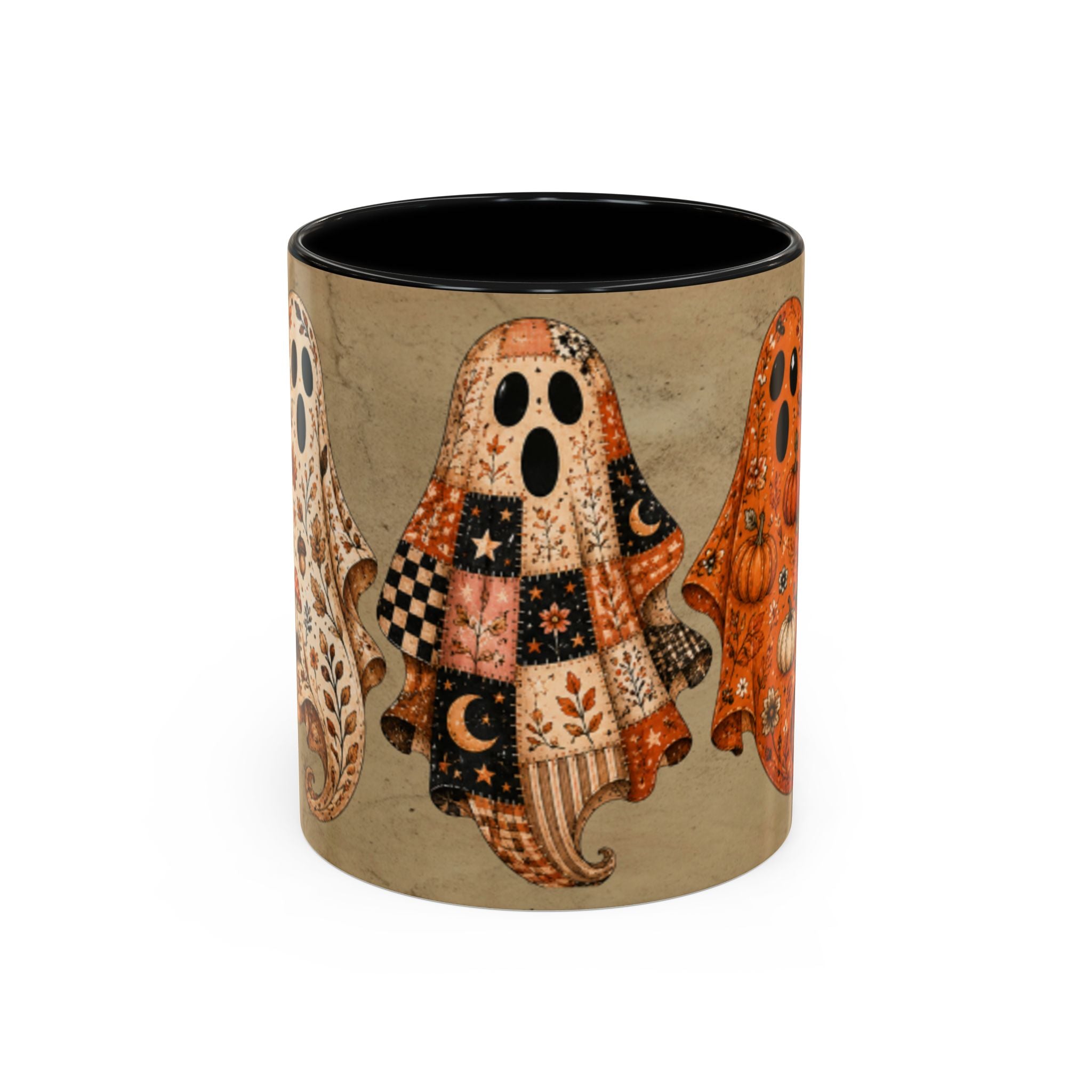 Preppy Ghost Halloween Patchwork Ghost Coffee Mug — Spooky Vintage Accent Ceramic Mug (11/15oz)