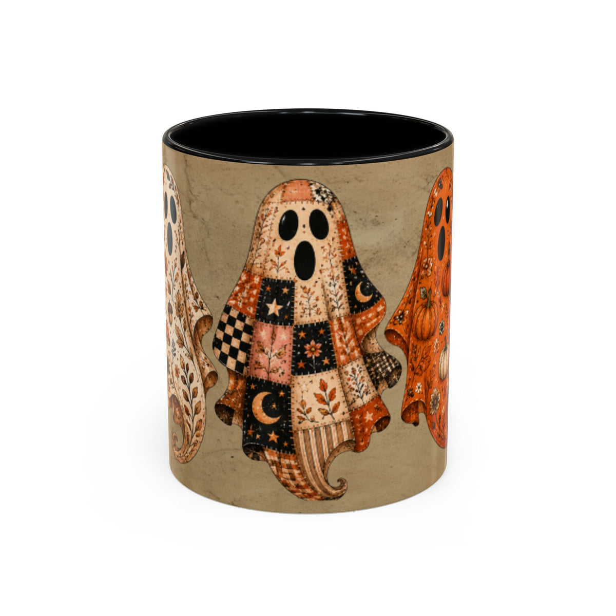 Preppy Ghost Halloween Patchwork Ghost Coffee Mug — Spooky Vintage Accent Ceramic Mug (11/15oz) Printify