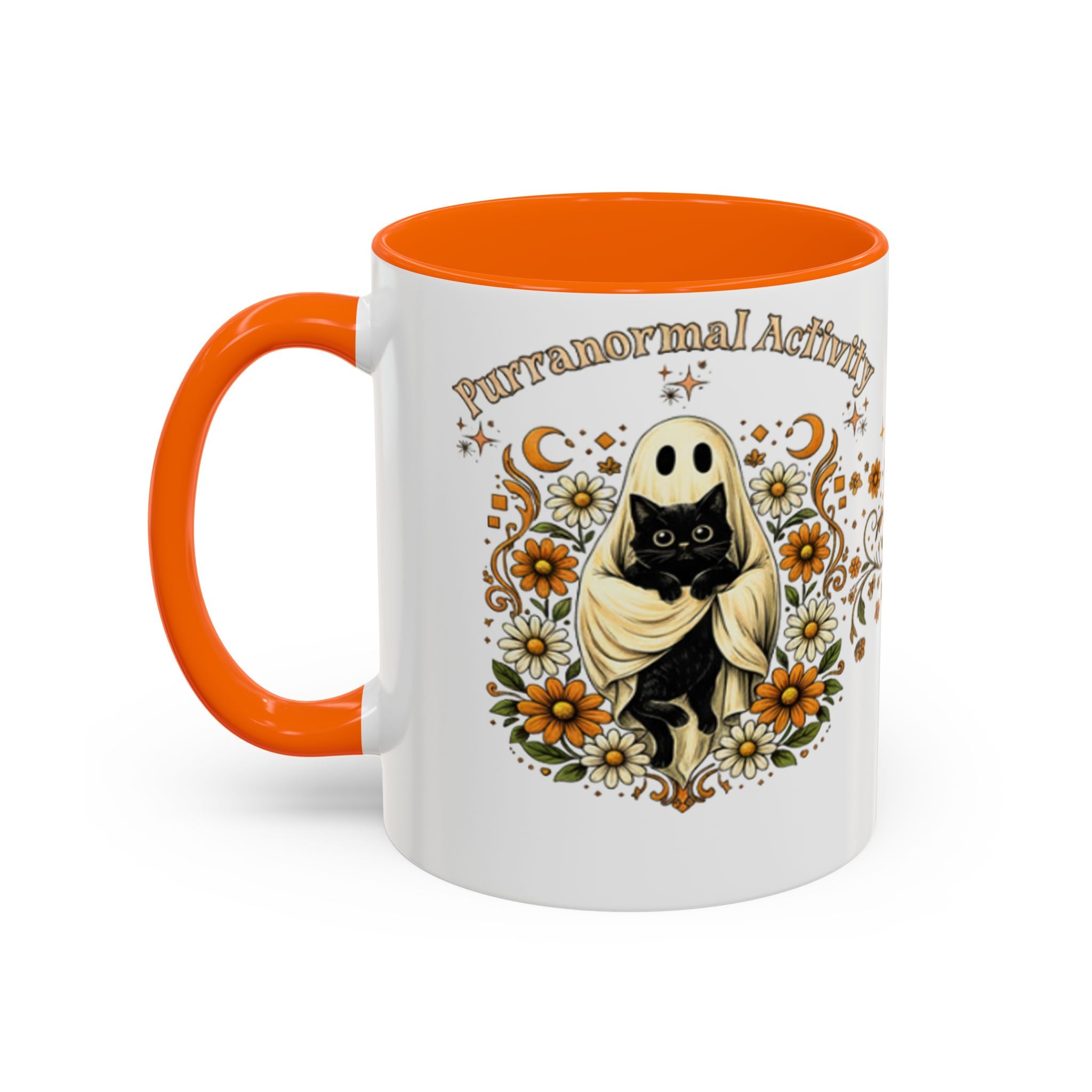 Purranormal Activity Accent Coffee Mug — Black Cat Crescent Moon Floral 11/15oz