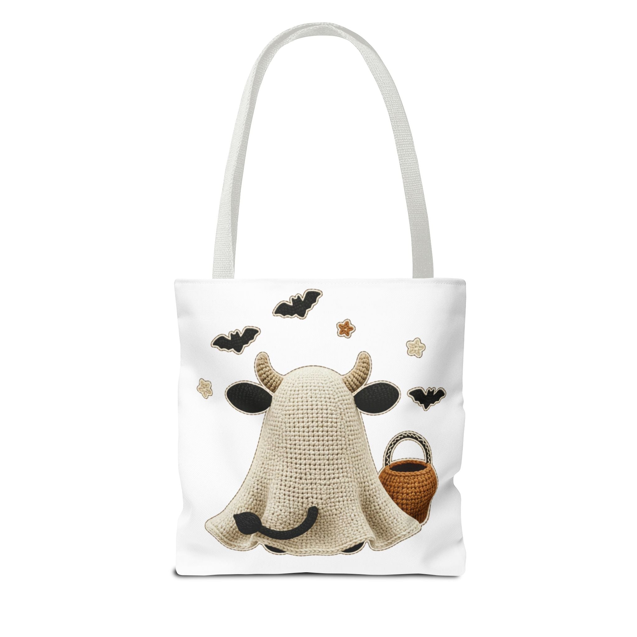Bullsheet Halloween Faux Crochet Tote Bag — Cute Cow Ghost Trick-or-Treat Bag