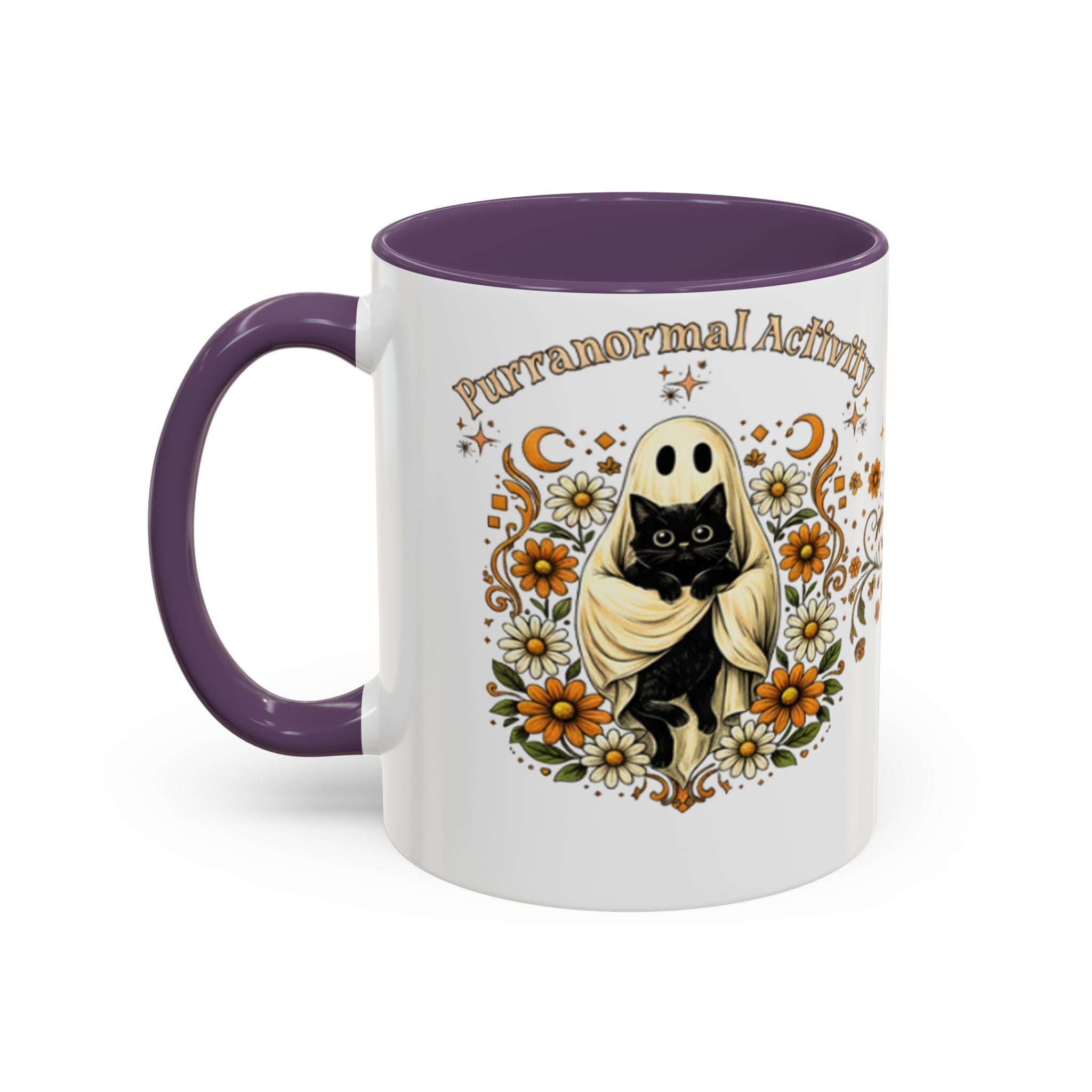 Purranormal Activity Accent Coffee Mug — Black Cat Crescent Moon Floral 11/15oz