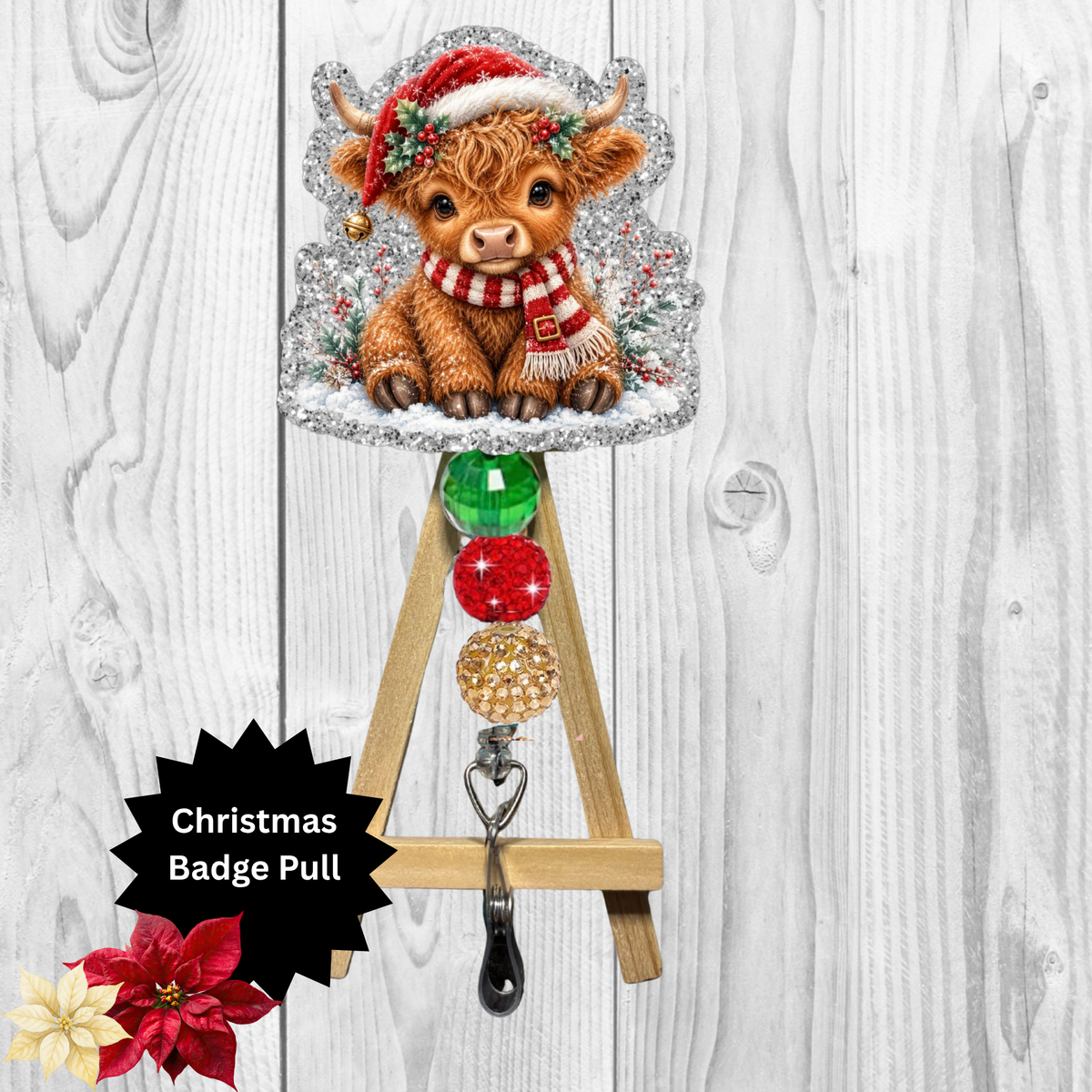 Christmas Cow Glitter Badge Pull | Badge Reel TheCraftNook