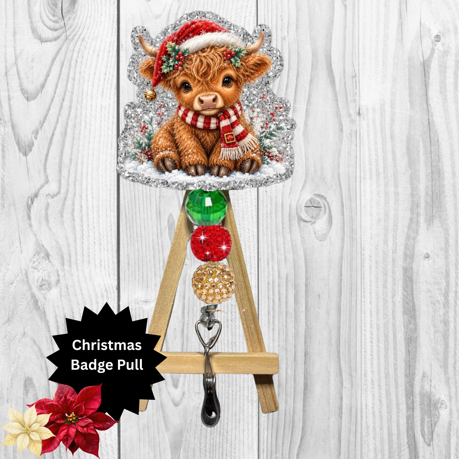 Christmas Cow Glitter Badge Pull | Badge Reel TheCraftNook