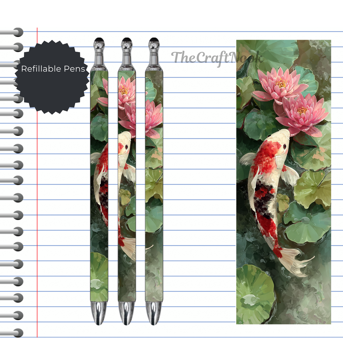 Koi Fish Refillable Pens, multiple options and Images available. TheCraftNook
