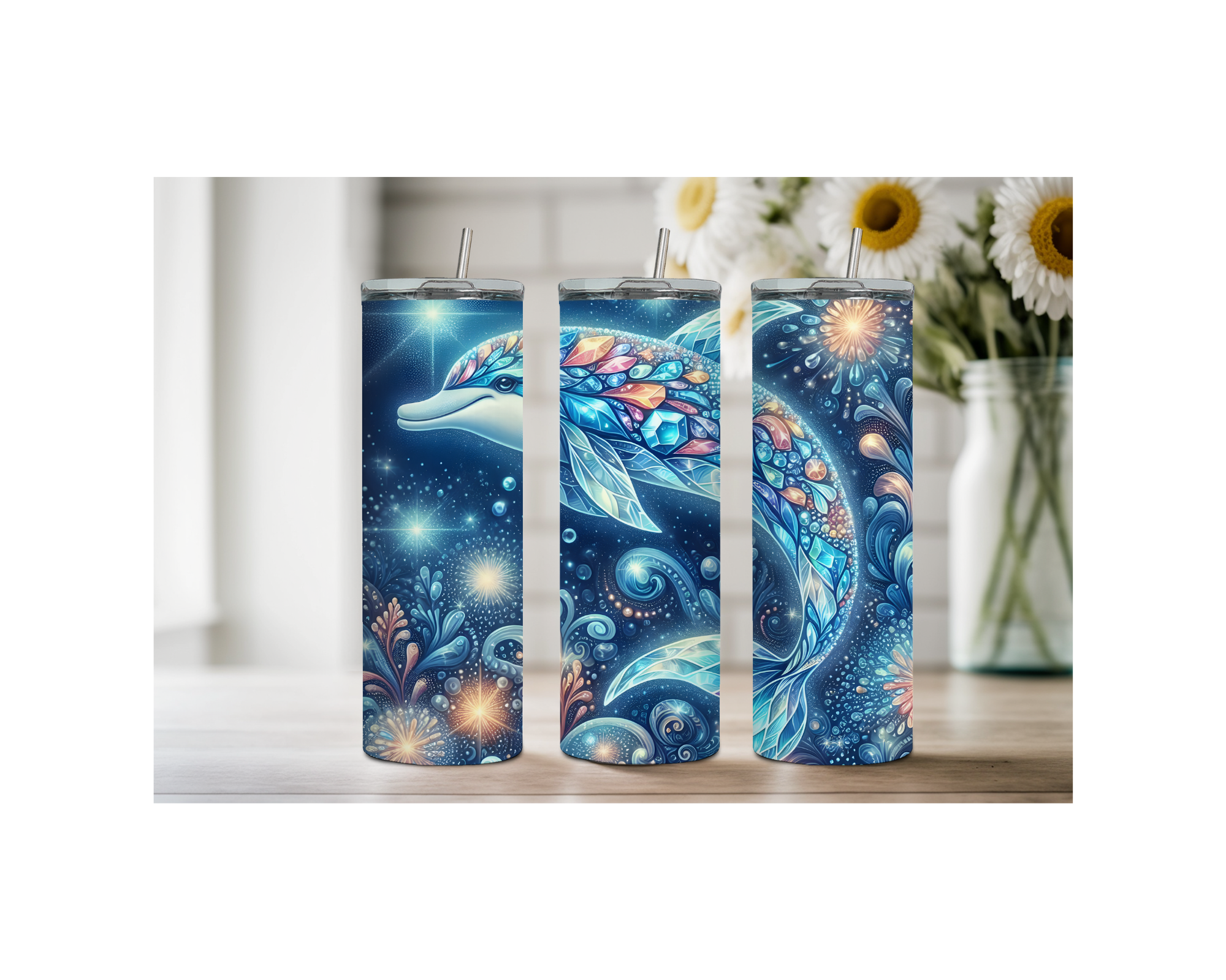 Dolphin stainless steel tumbler trio with vibrant artwork in ocean colors on wooden surface.