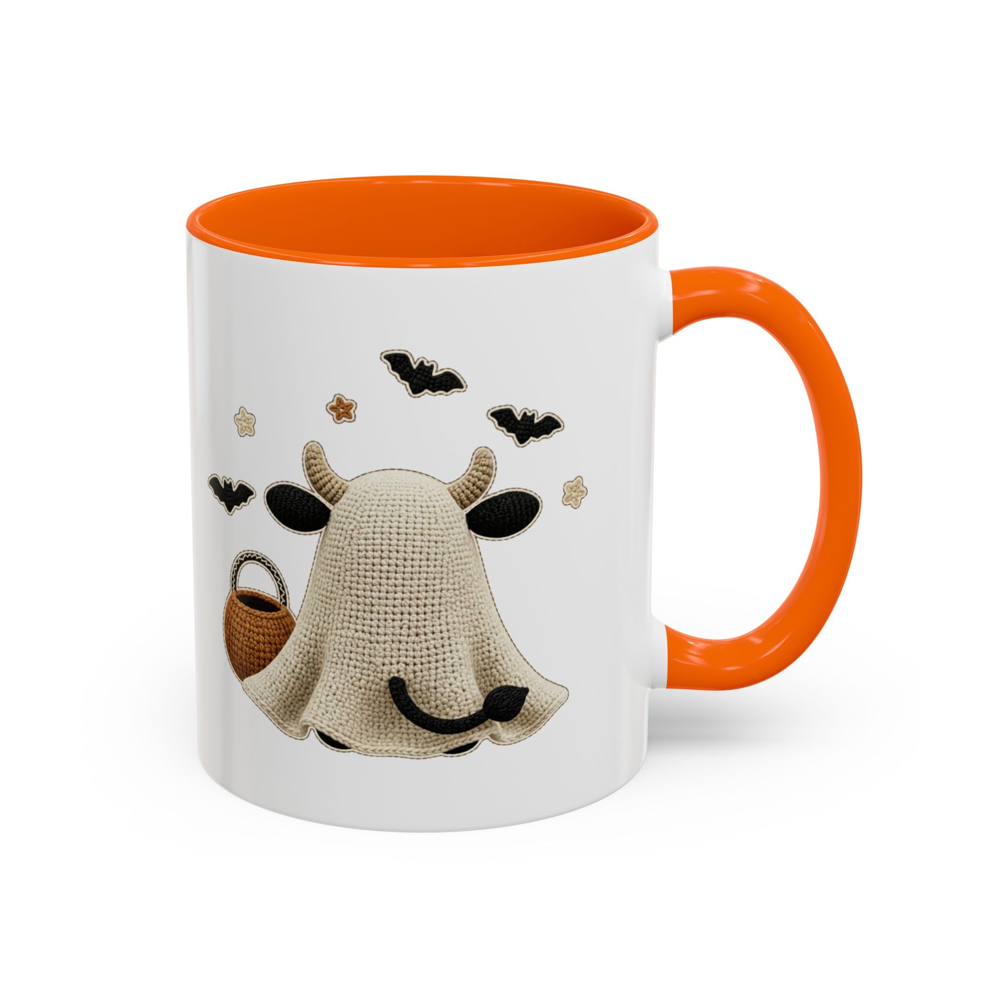 Bullsheet Faux Crochet Accent Coffee Mug — Cute Ghost Cow Trick-or-Treat Design (11oz)