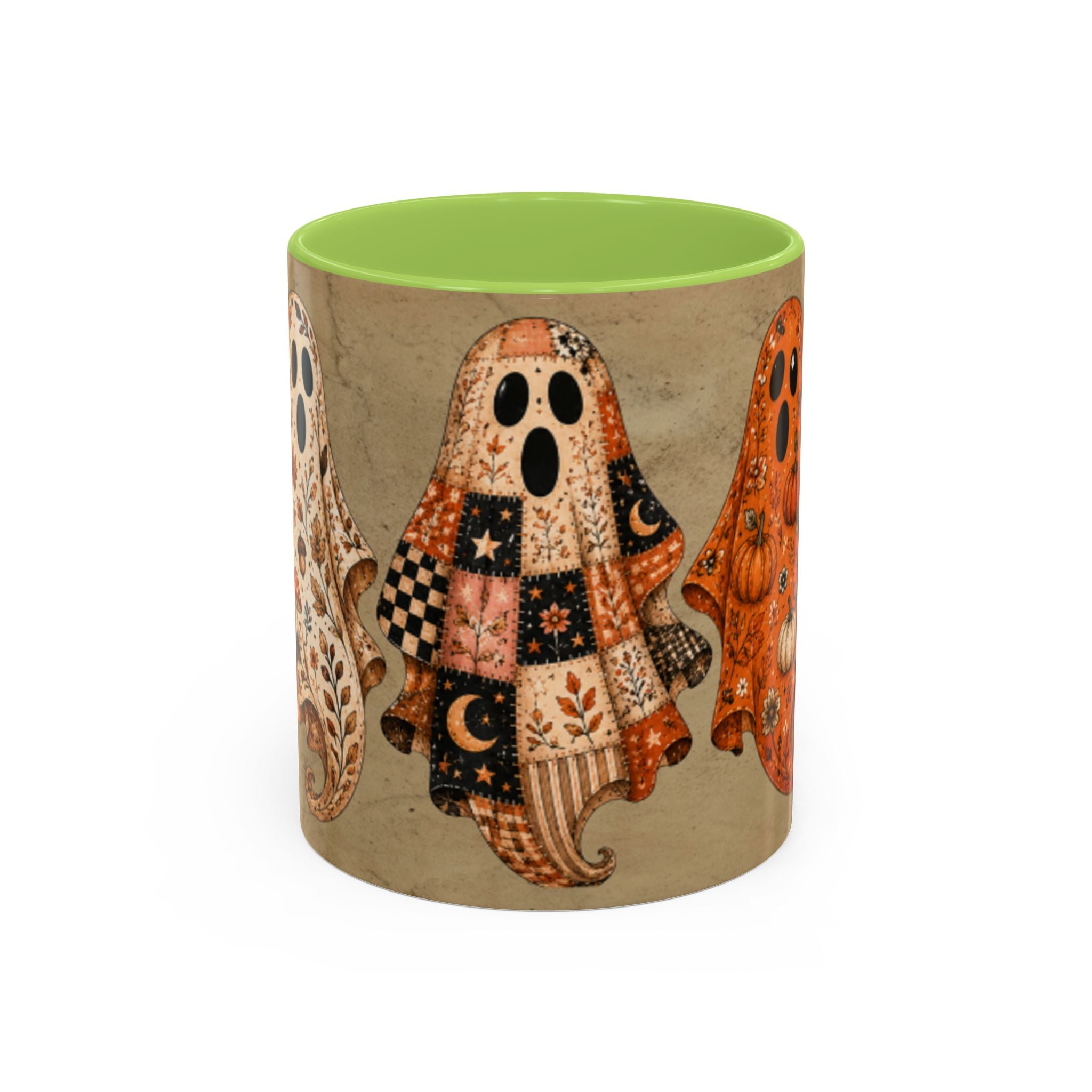 Preppy Ghost Halloween Patchwork Ghost Coffee Mug — Spooky Vintage Accent Ceramic Mug (11/15oz)