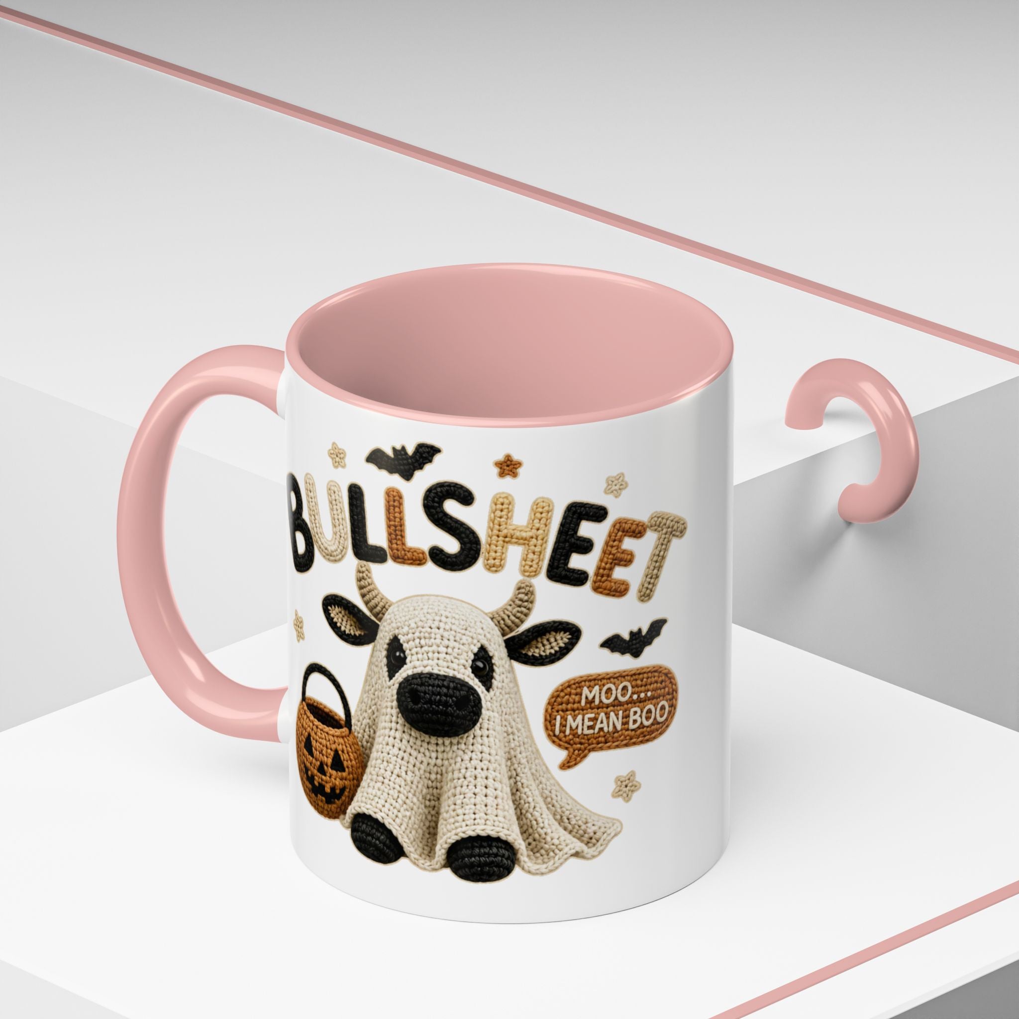 Bullsheet Faux Crochet Accent Coffee Mug — Cute Ghost Cow Trick-or-Treat Design (11oz)
