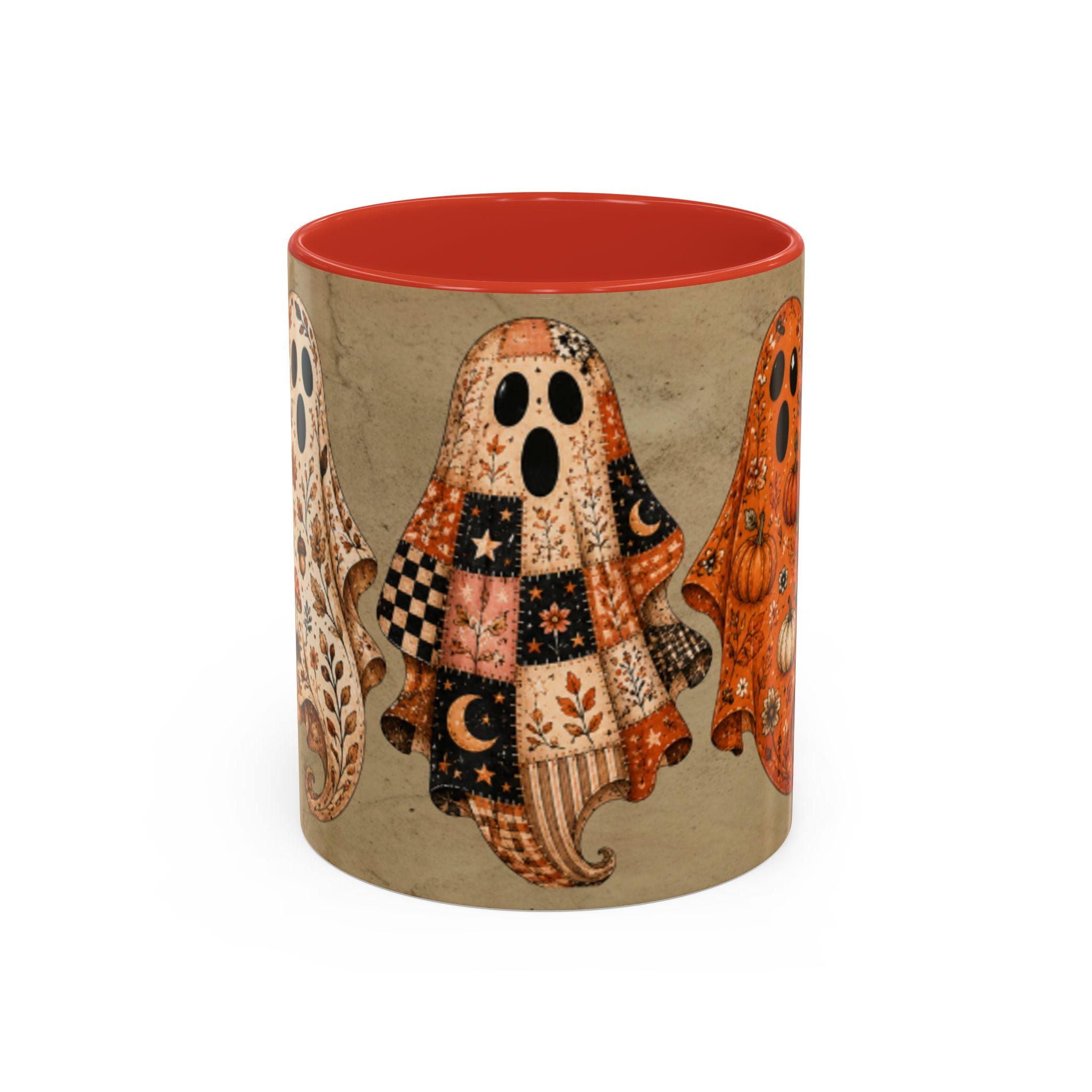 Preppy Ghost Halloween Patchwork Ghost Coffee Mug — Spooky Vintage Accent Ceramic Mug (11/15oz)