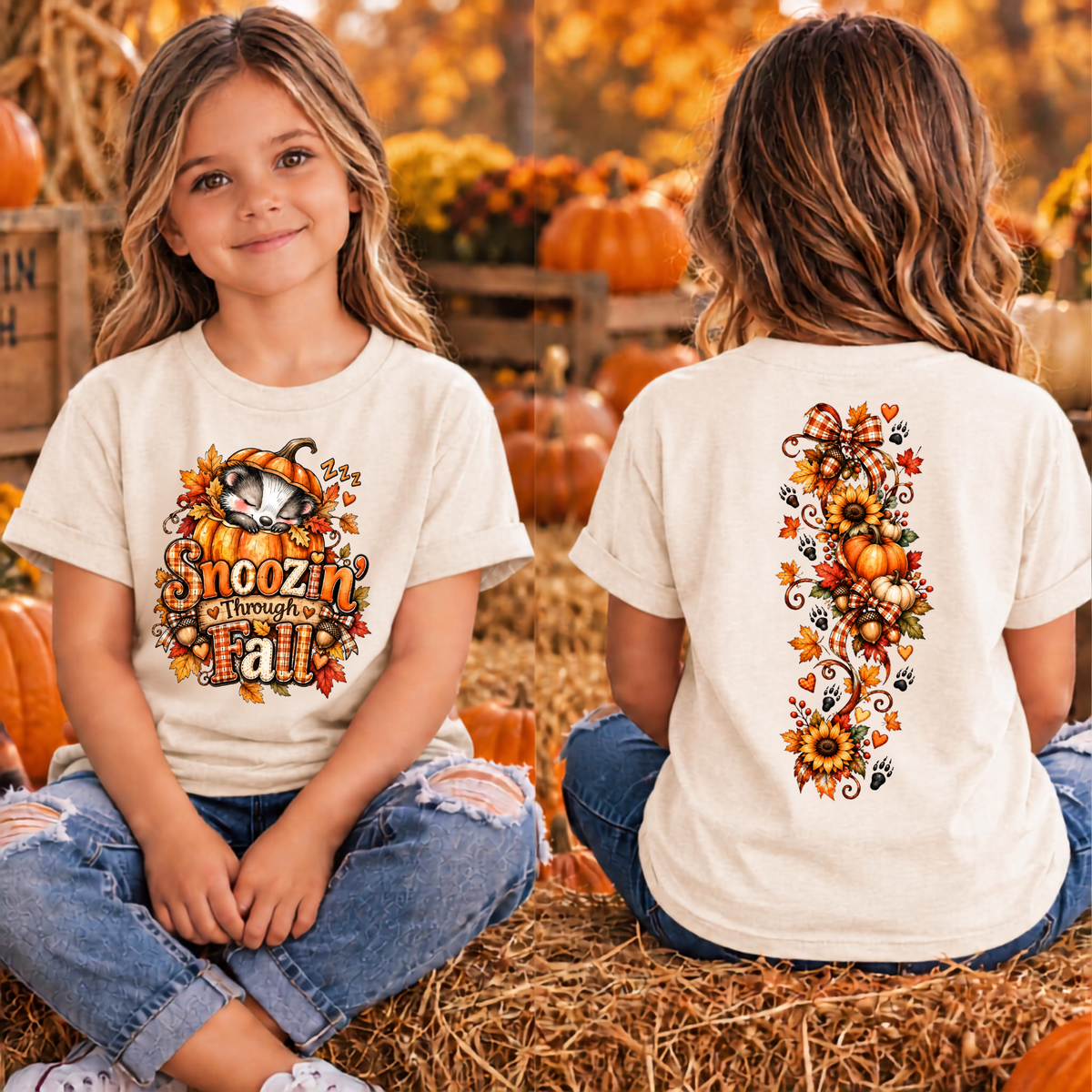 Kids Snoozing Through Fall Front & Back Youth T-Shirt TheCraftNook