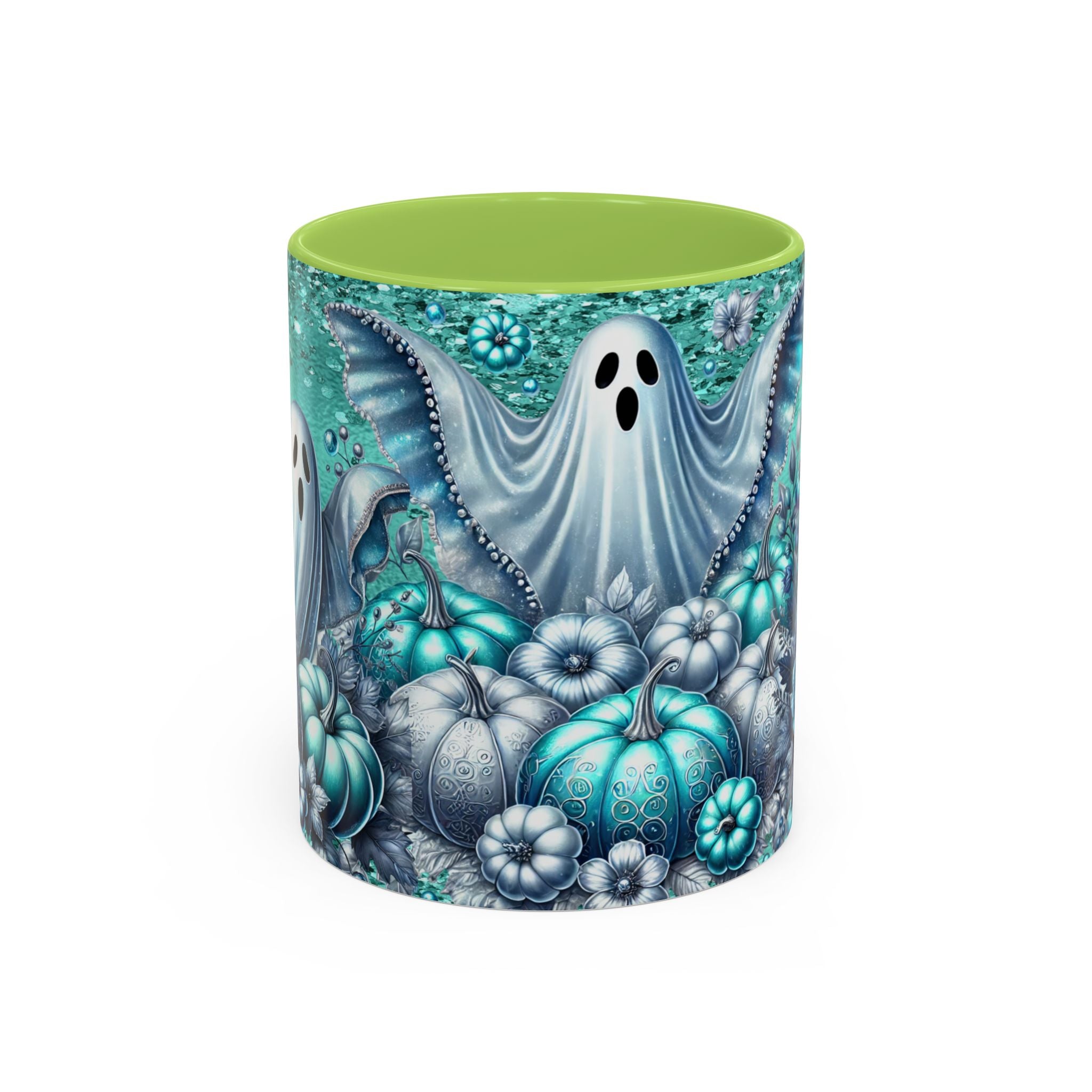 Teal Ghosts & Pumpkins Coffee Mug — Halloween Accent Mug (11/15 oz)
