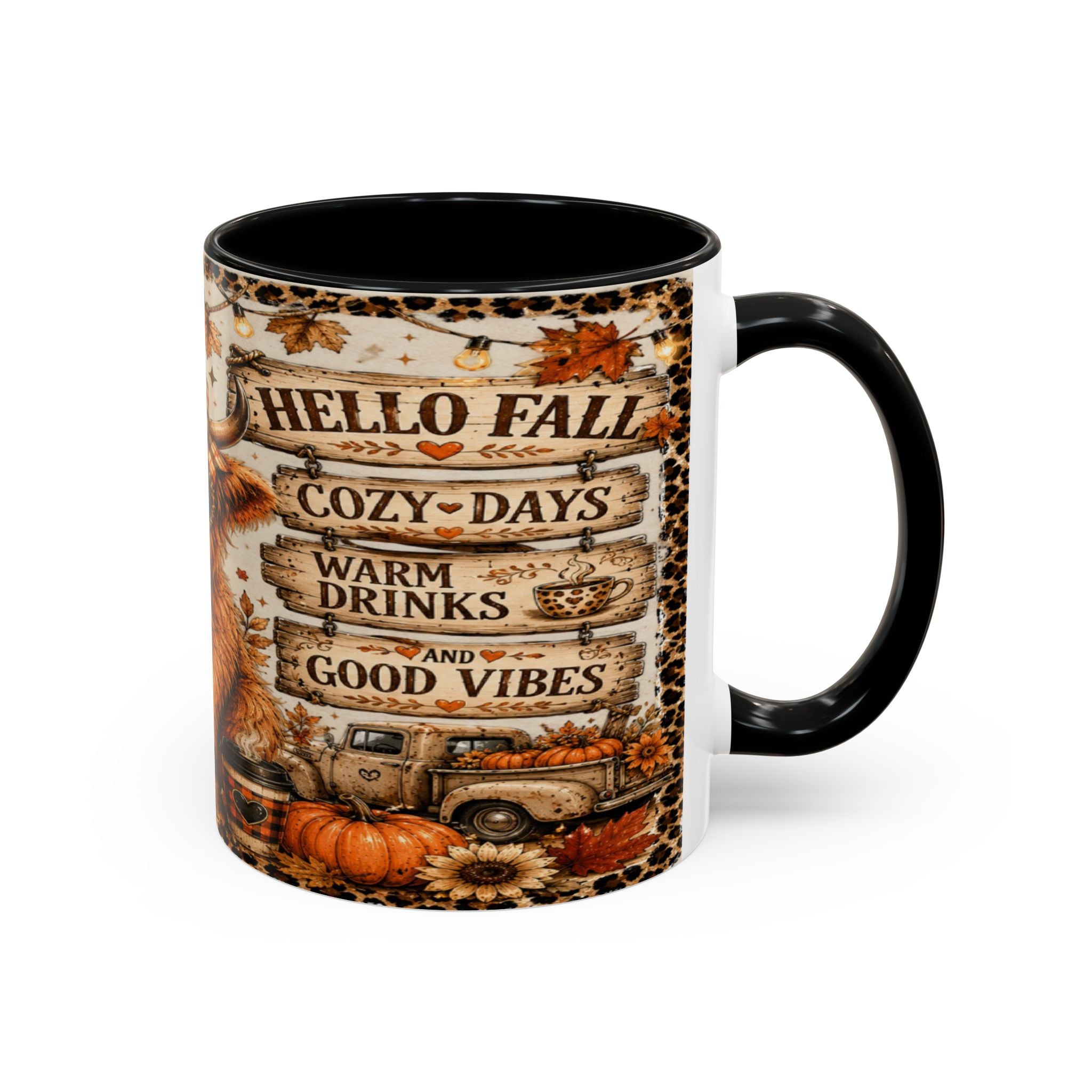 Hello Fall Accent Coffee Mug — Cozy Days, Warm Drinks & Good Vibes Autumn Mug