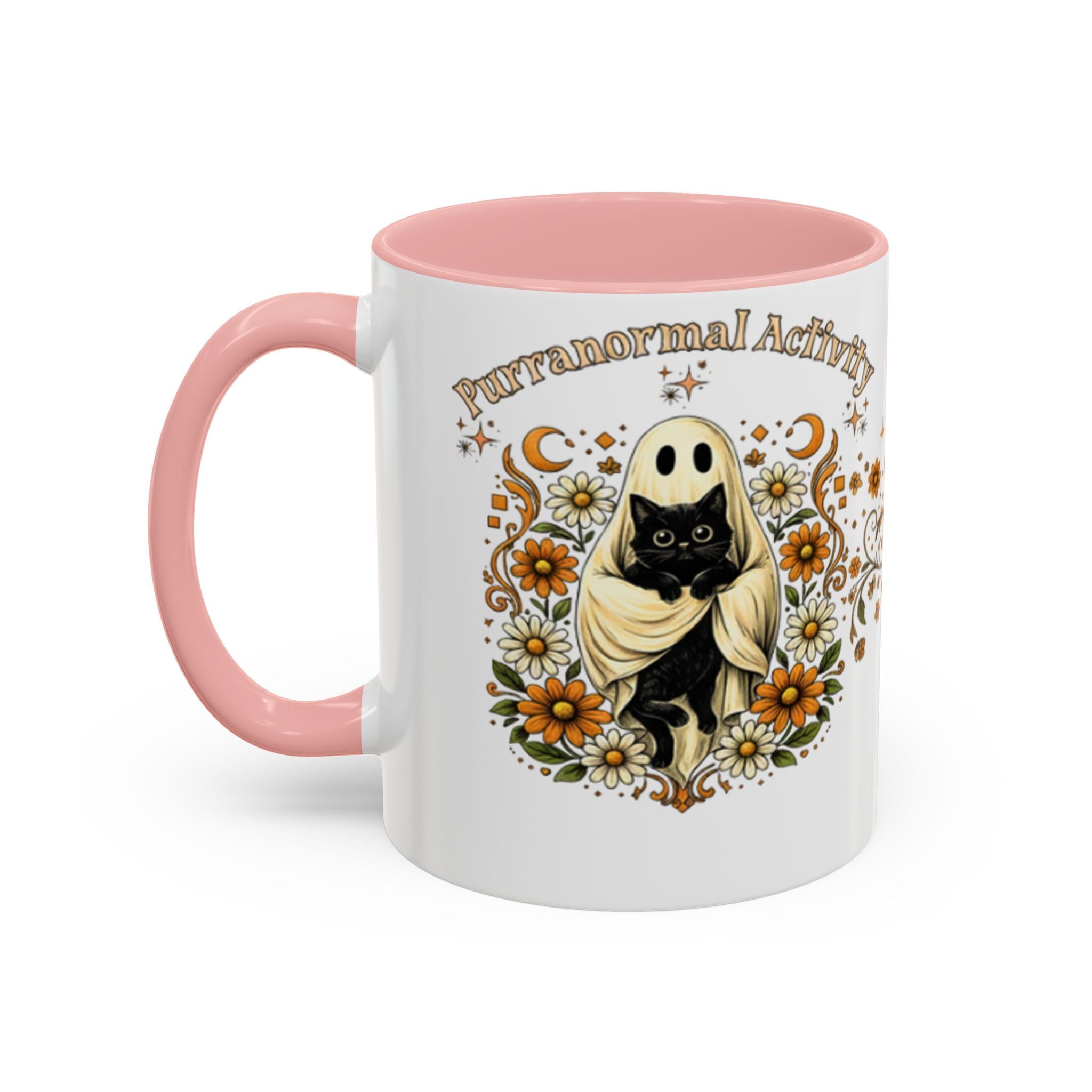Purranormal Activity Accent Coffee Mug — Black Cat Crescent Moon Floral 11/15oz