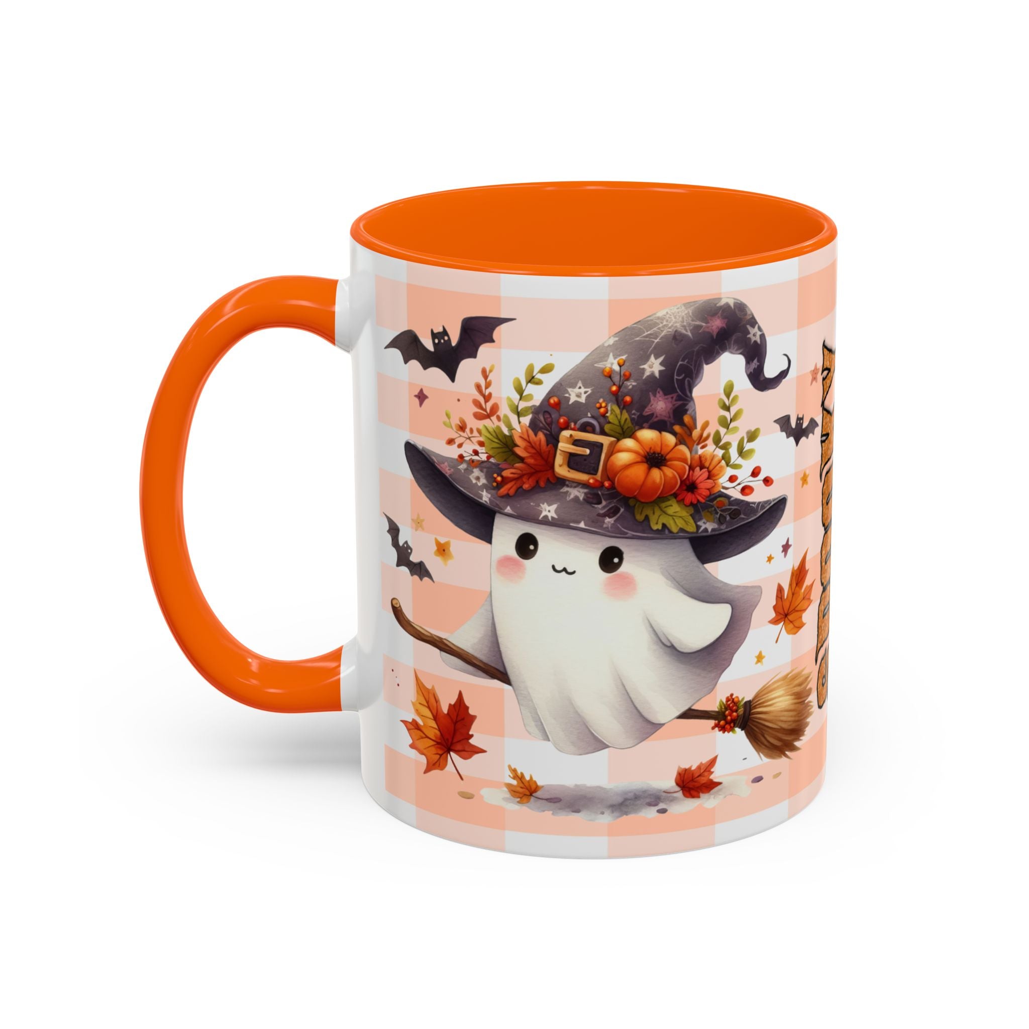 Spooky Season Accent Coffee Mug — Cute Halloween Ghost with Pumpkins (11/15oz)