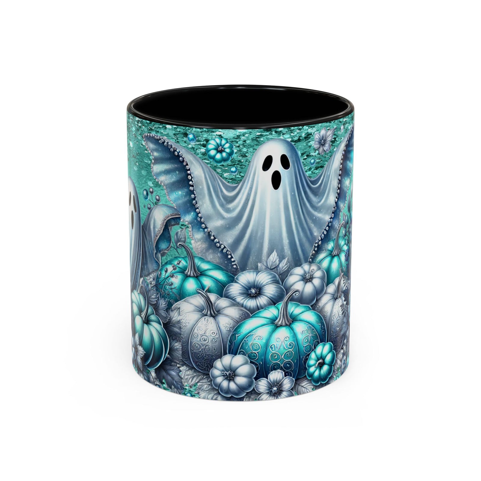 Teal Ghosts & Pumpkins Coffee Mug — Halloween Accent Mug (11/15 oz) Printify