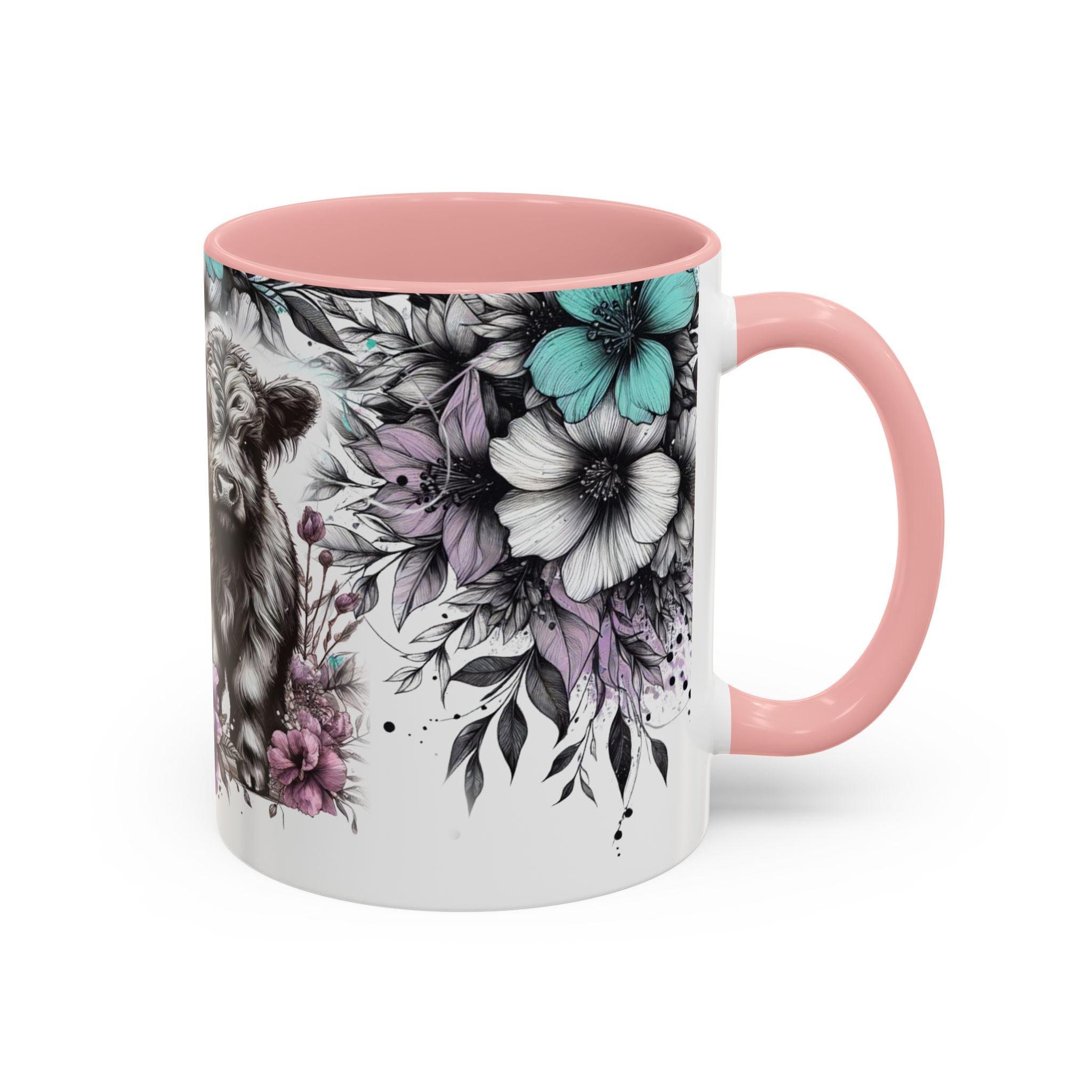 Highland Cow Floral Accent Coffee Mug — Cute Rustic Farmhouse Kitchen Gift