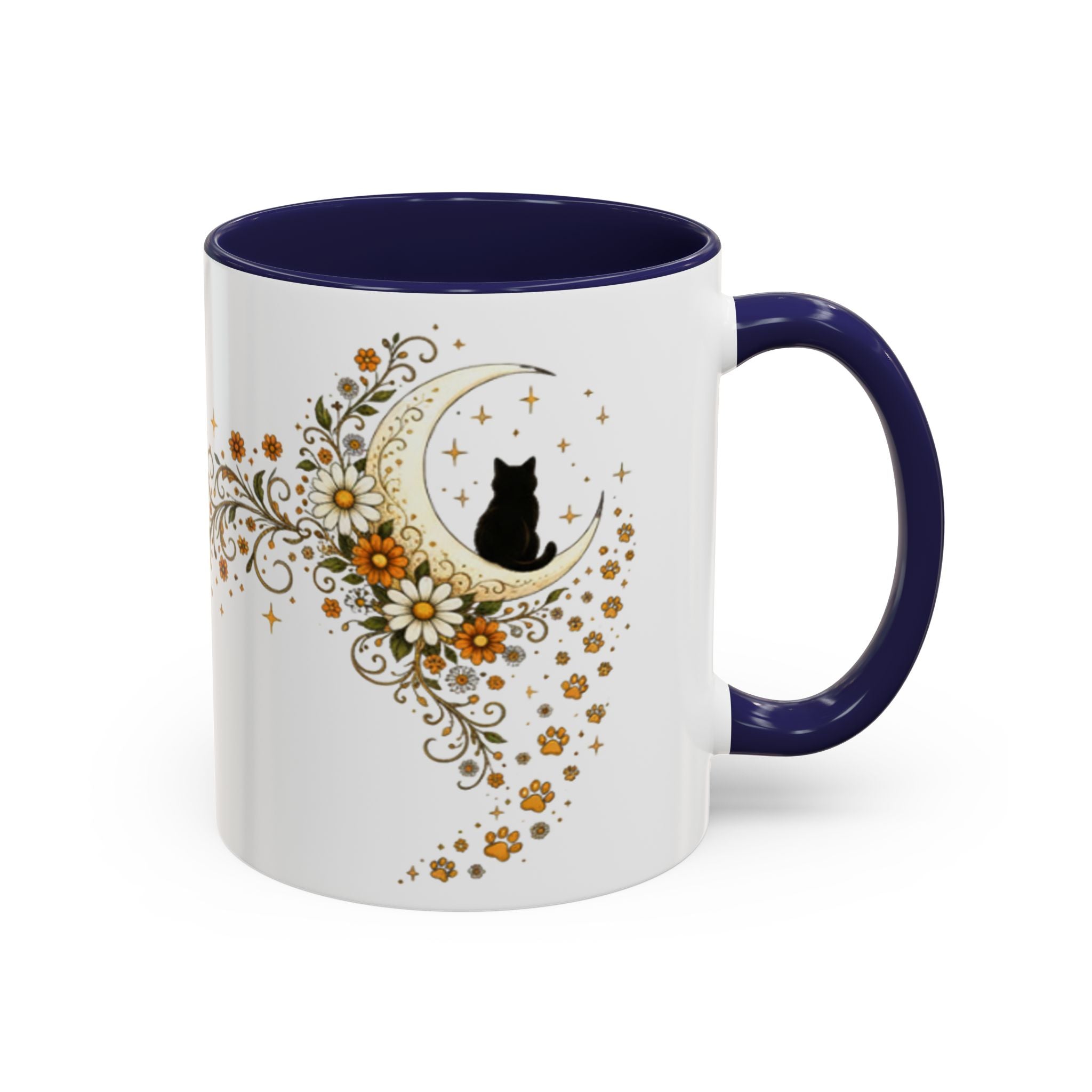 Purranormal Activity Accent Coffee Mug — Black Cat Crescent Moon Floral 11/15oz