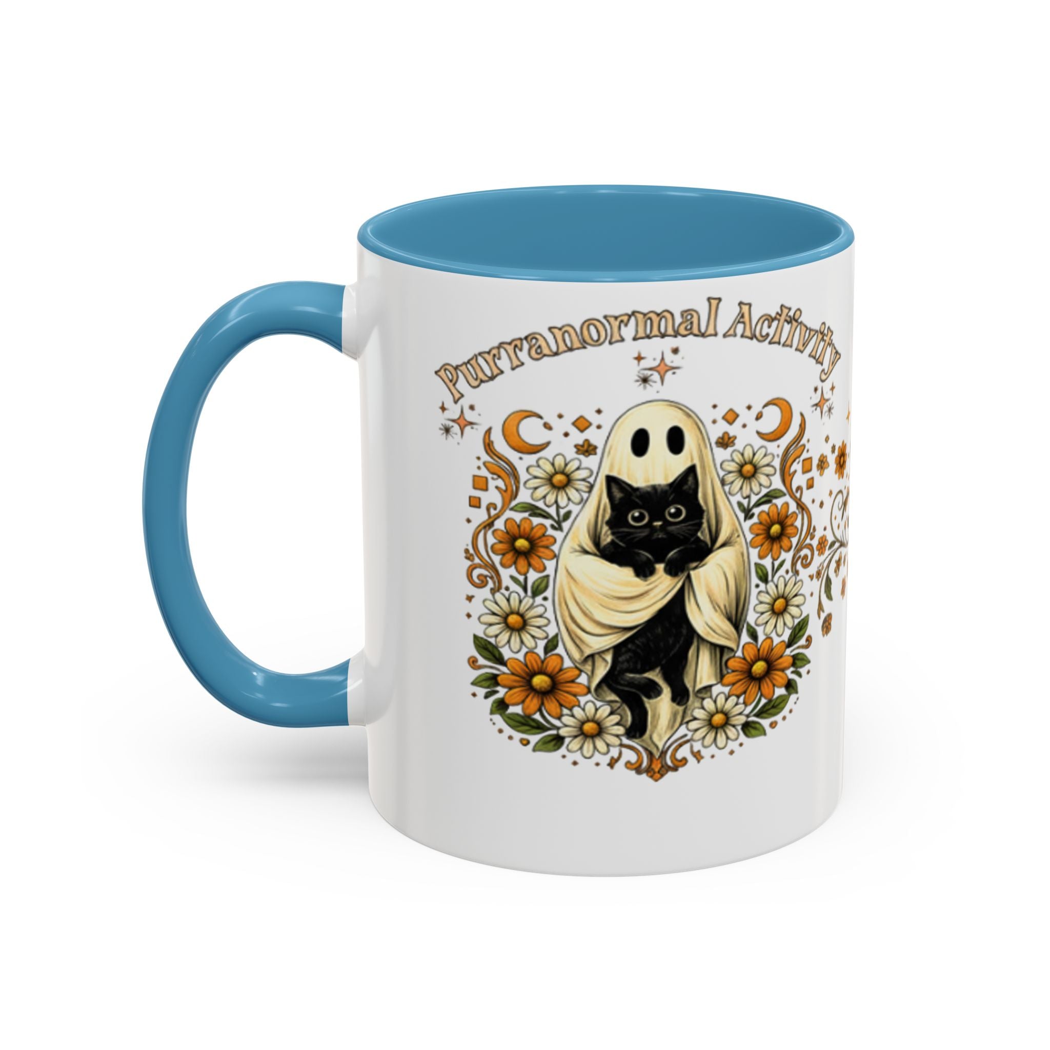 Purranormal Activity Accent Coffee Mug — Black Cat Crescent Moon Floral 11/15oz
