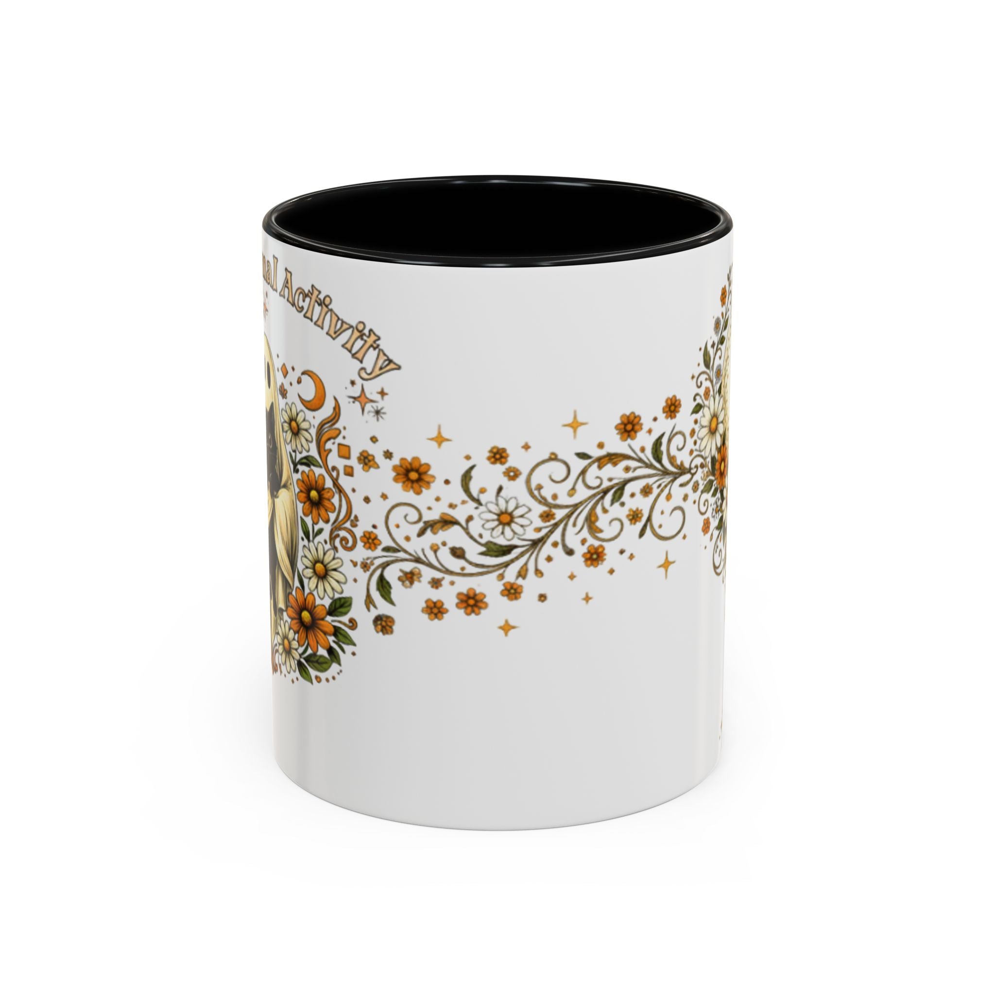 Purranormal Activity Accent Coffee Mug — Black Cat Crescent Moon Floral 11/15oz