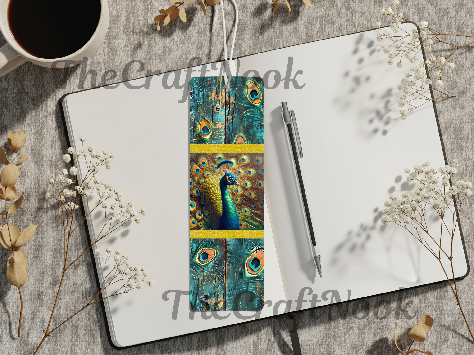 Aluminum peacock bookmarks displayed on a blank notebook with a cup of coffee and decorative flowers.