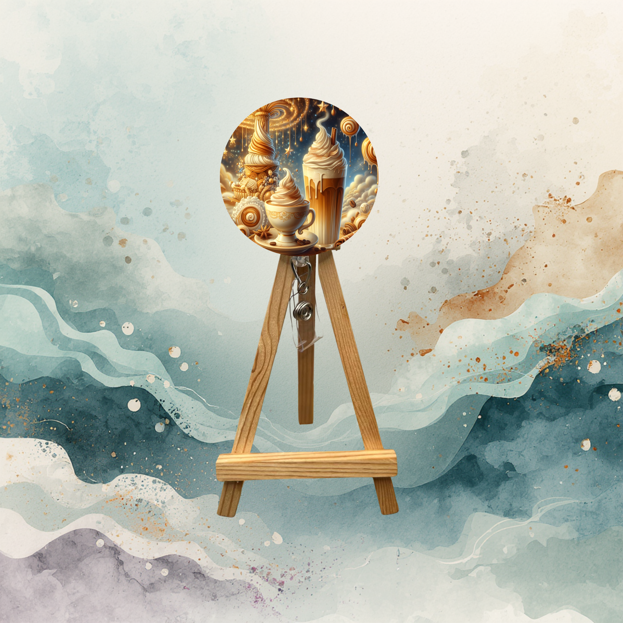 Coffee badge pull featuring whimsical ice cream and coffee designs on a colorful backdrop.