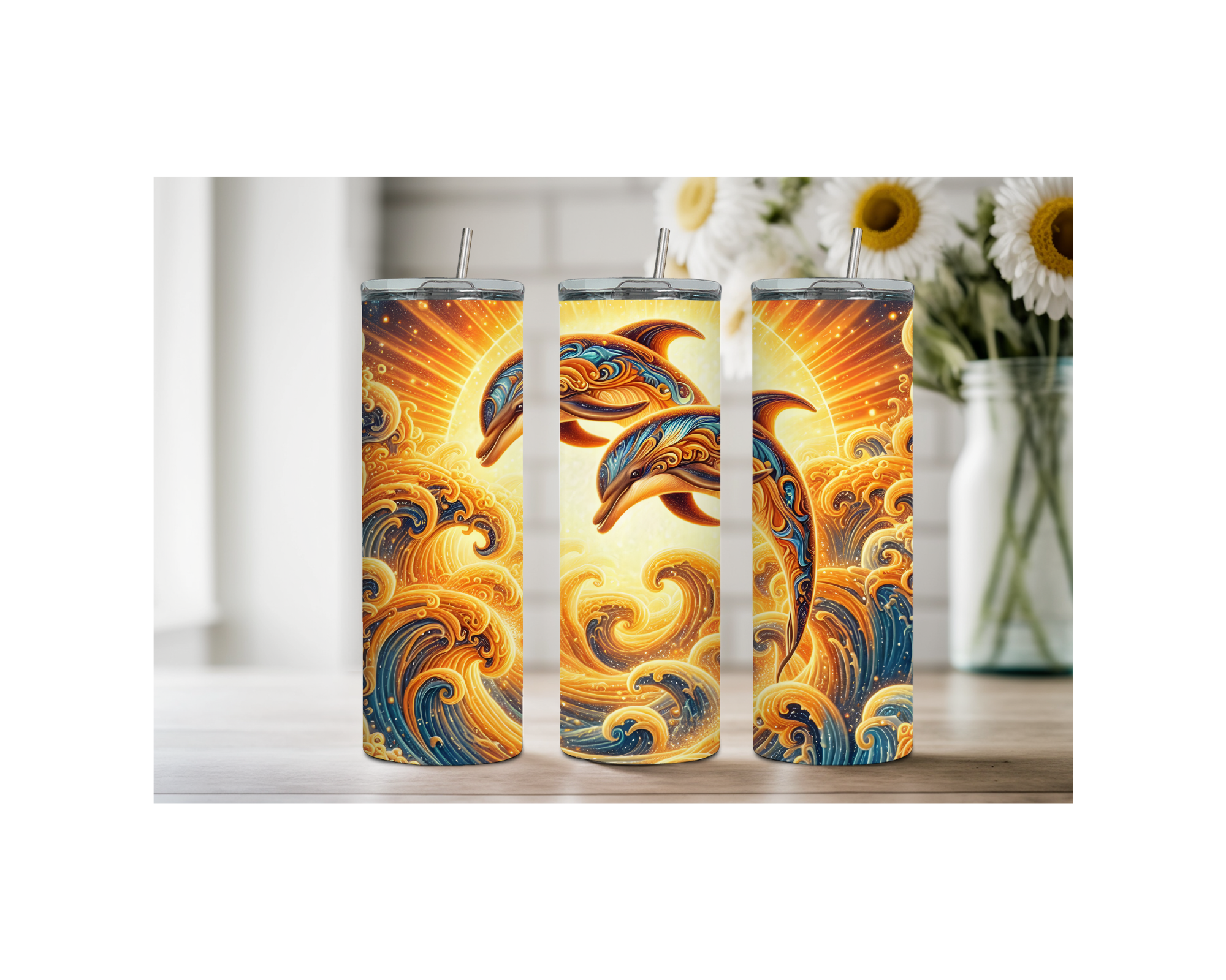 Dolphin stainless steel tumbler trio featuring vibrant dolphin artwork and ocean waves in a bright coastal setting.