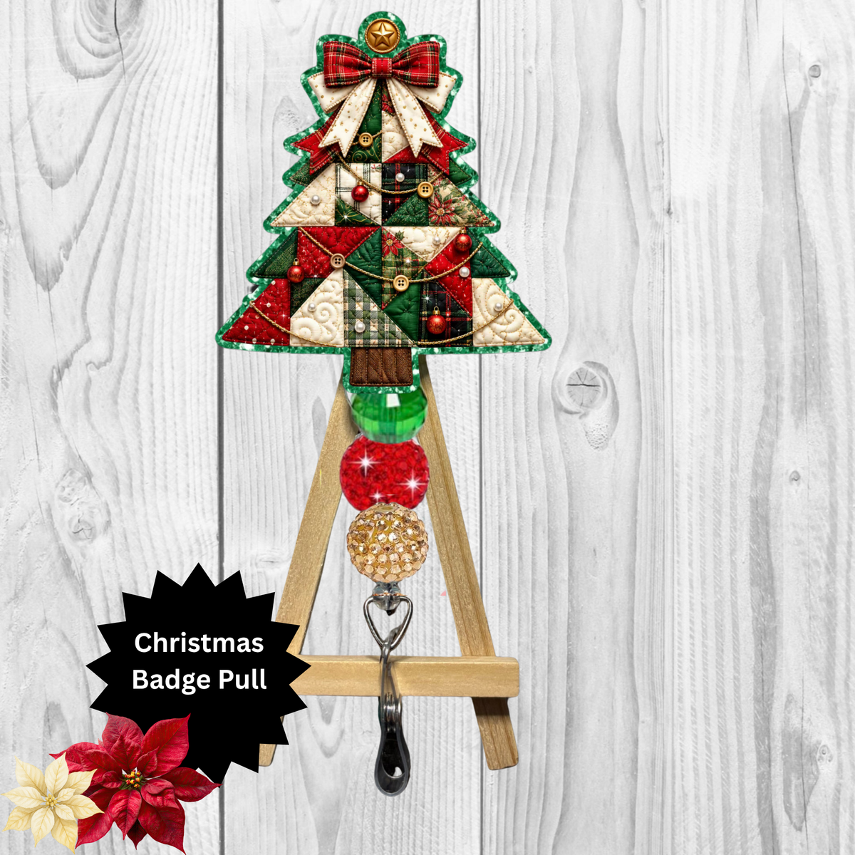 Patchwork Christmas Tree Glitter Badge Pull | Christmas Badge Reel Accessory TheCraftNook