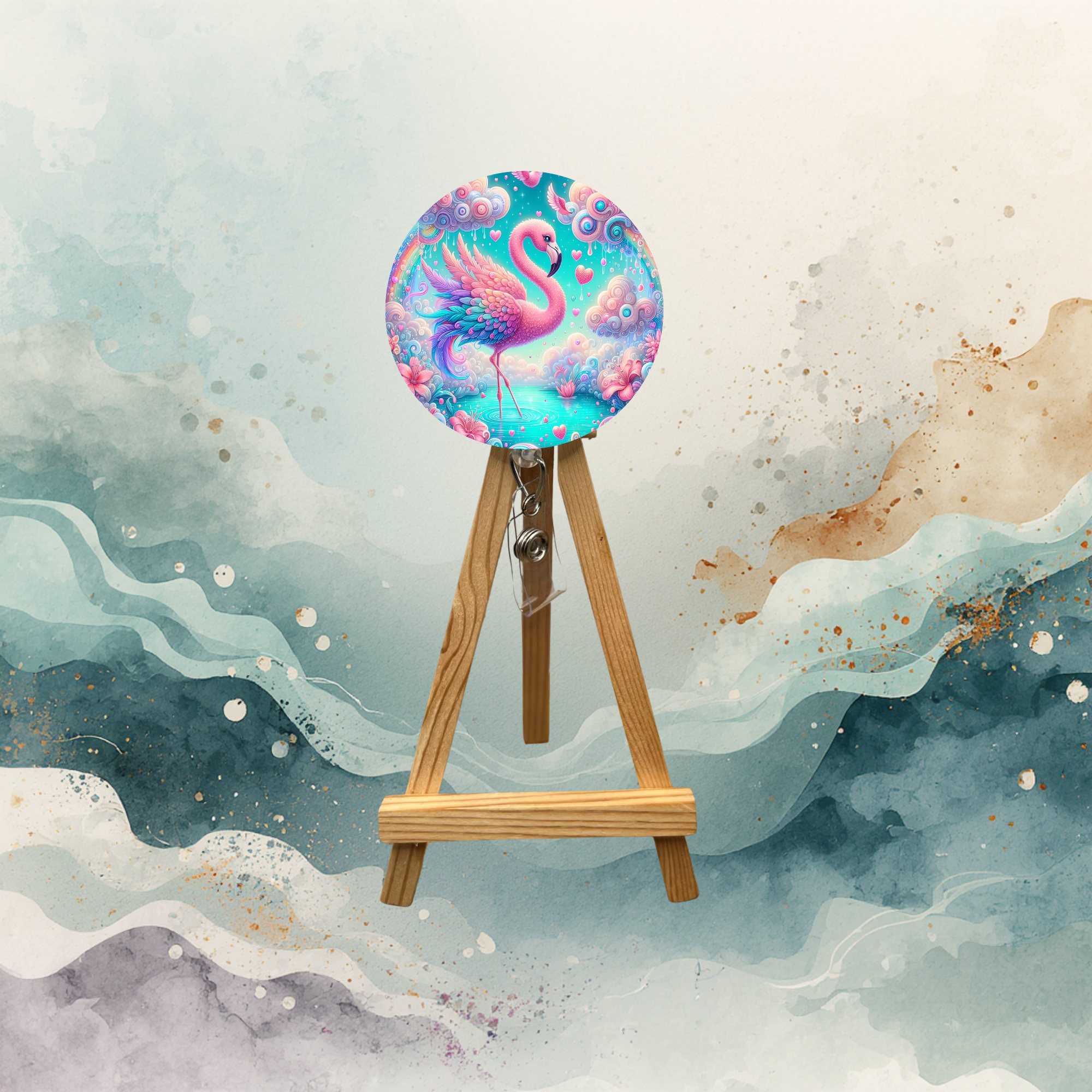 Colorful pink flamingo badge pulls with beads displayed on a wooden easel against a whimsical background.