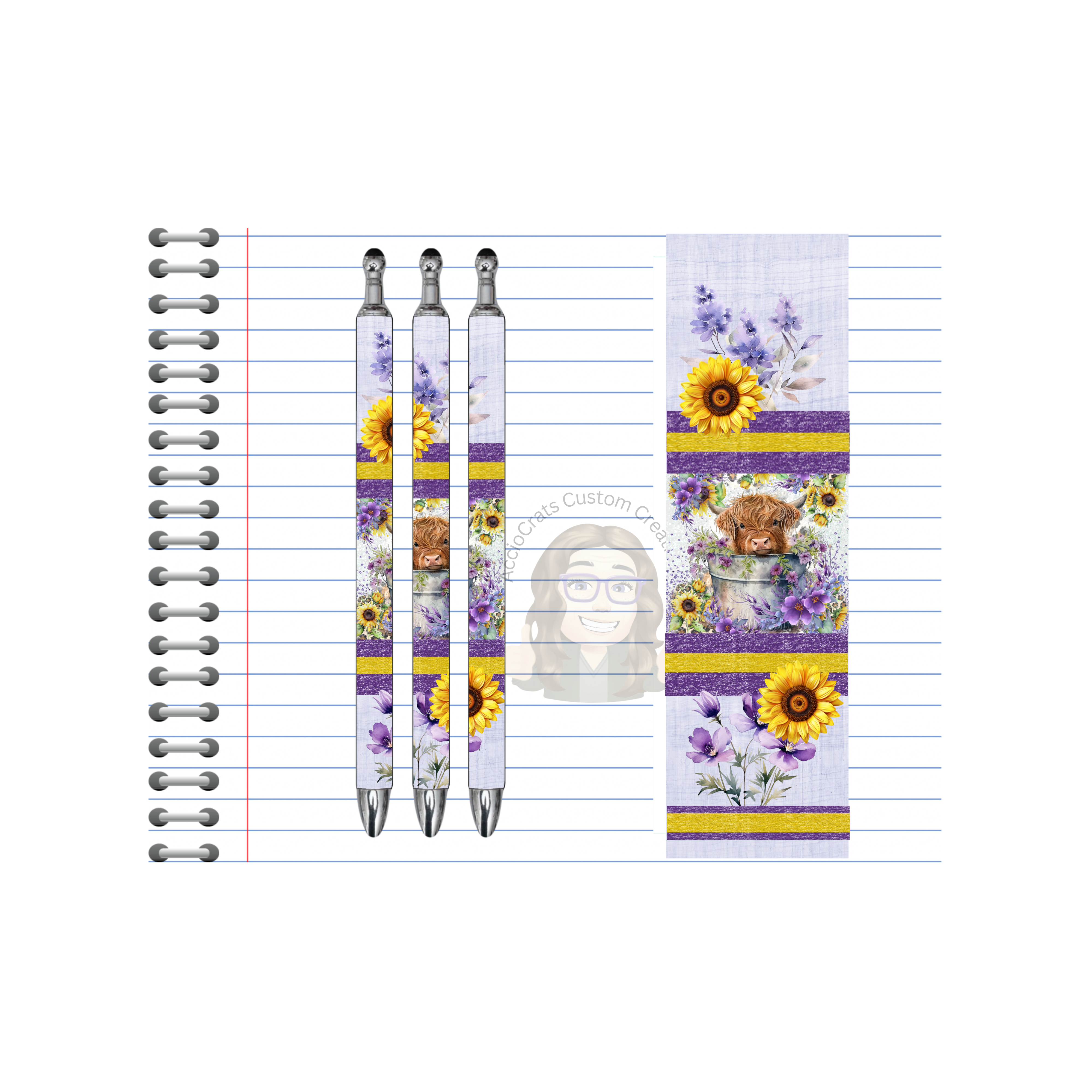 Highland cow refillable pens with floral designs on a lined notebook, perfect for cute notes and writing.