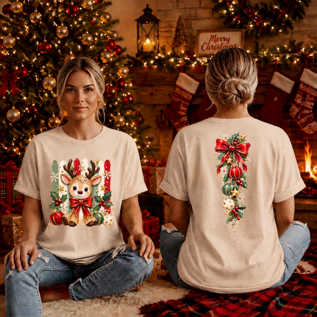 Holly Jolly reindeer T-shirt Front and back graphics TheCraftNook