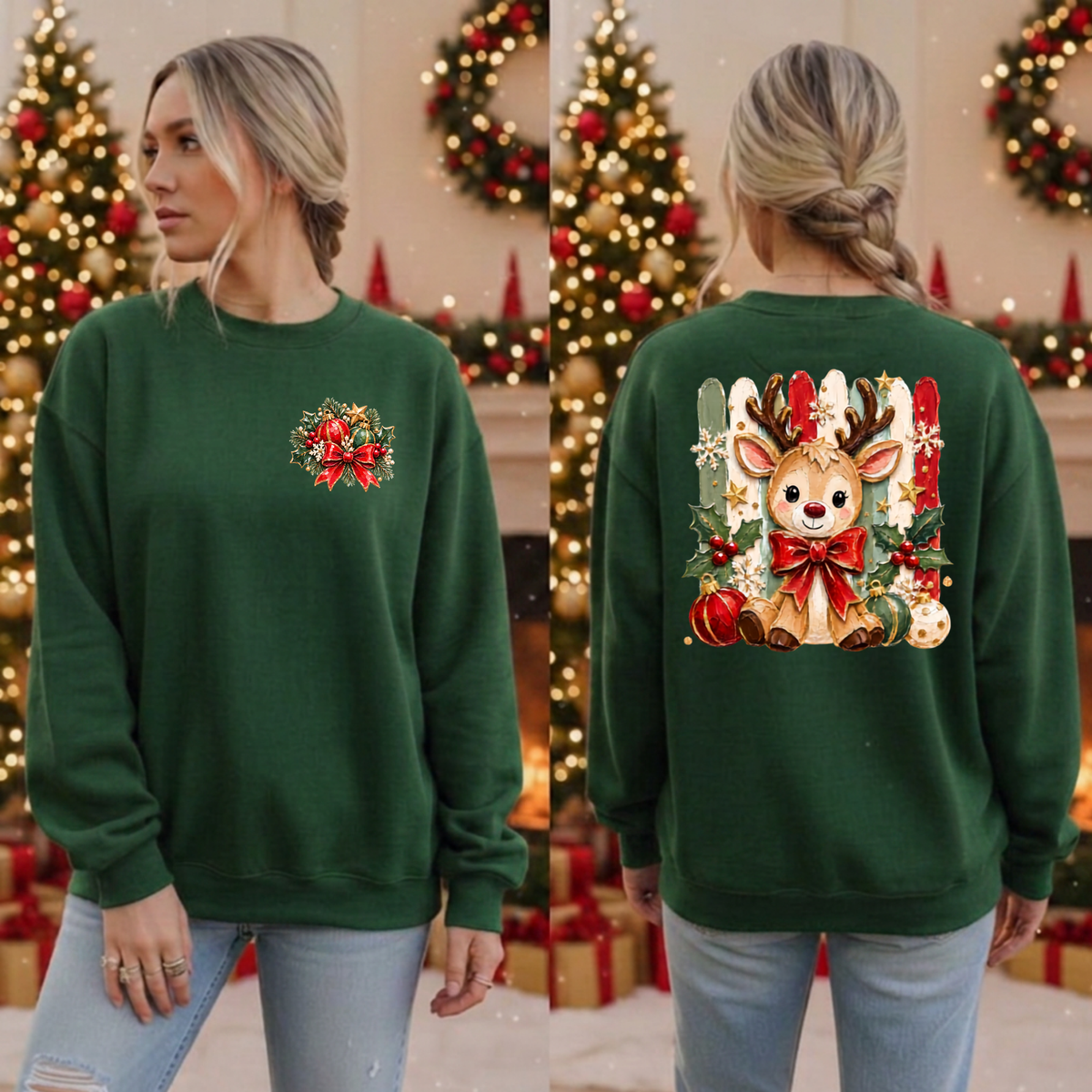 Holly Jolly Reindeer Sweatshirt Pocket and back Graphics TheCraftNook