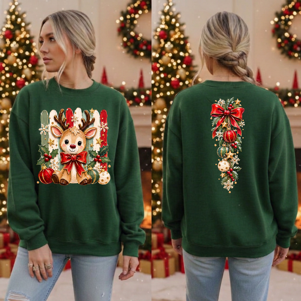 Holly Jolly Reindeer Sweatshirt front and Back graphics TheCraftNook