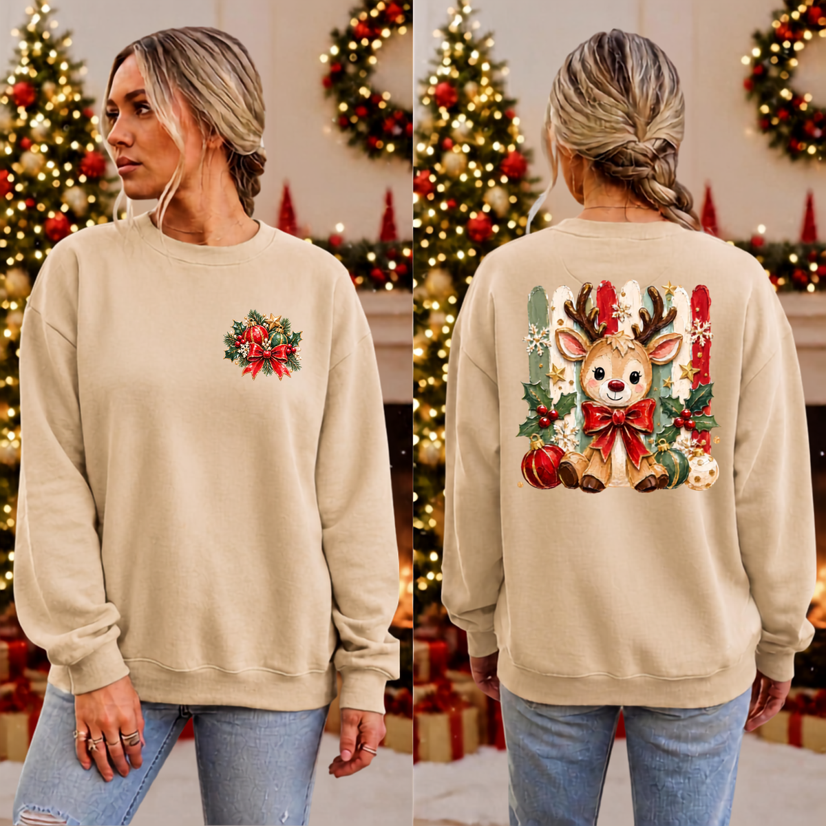 Holly Jolly Reindeer Sweatshirt Pocket and back Graphics TheCraftNook