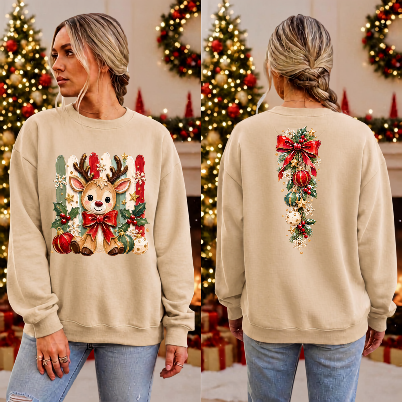 Holly Jolly Reindeer Sweatshirt front and Back graphics TheCraftNook