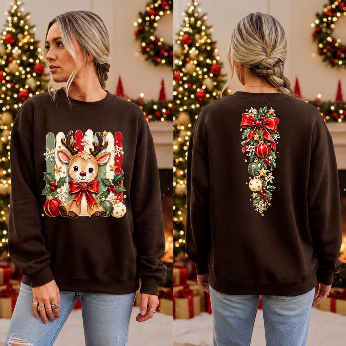 Holly Jolly Reindeer Sweatshirt front and Back graphics TheCraftNook
