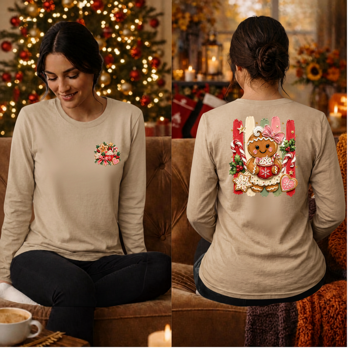 Holly Jolly Ginger Long sleeve tee pocket and back graphics TheCraftNook