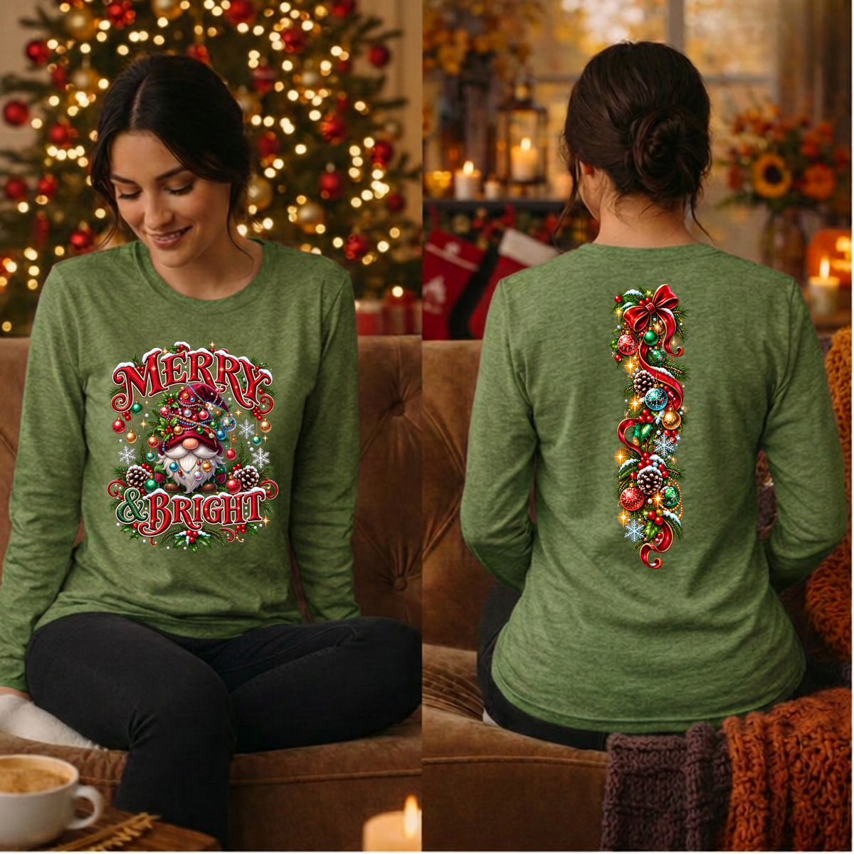 Merry And Bright Gnome Long Sleeve Tee Front and back graphics TheCraftNook