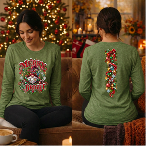 Merry And Bright Gnome Long Sleeve Tee Front and back graphics TheCraftNook
