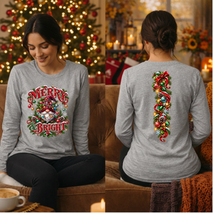 Merry And Bright Gnome Long Sleeve Tee Front and back graphics TheCraftNook
